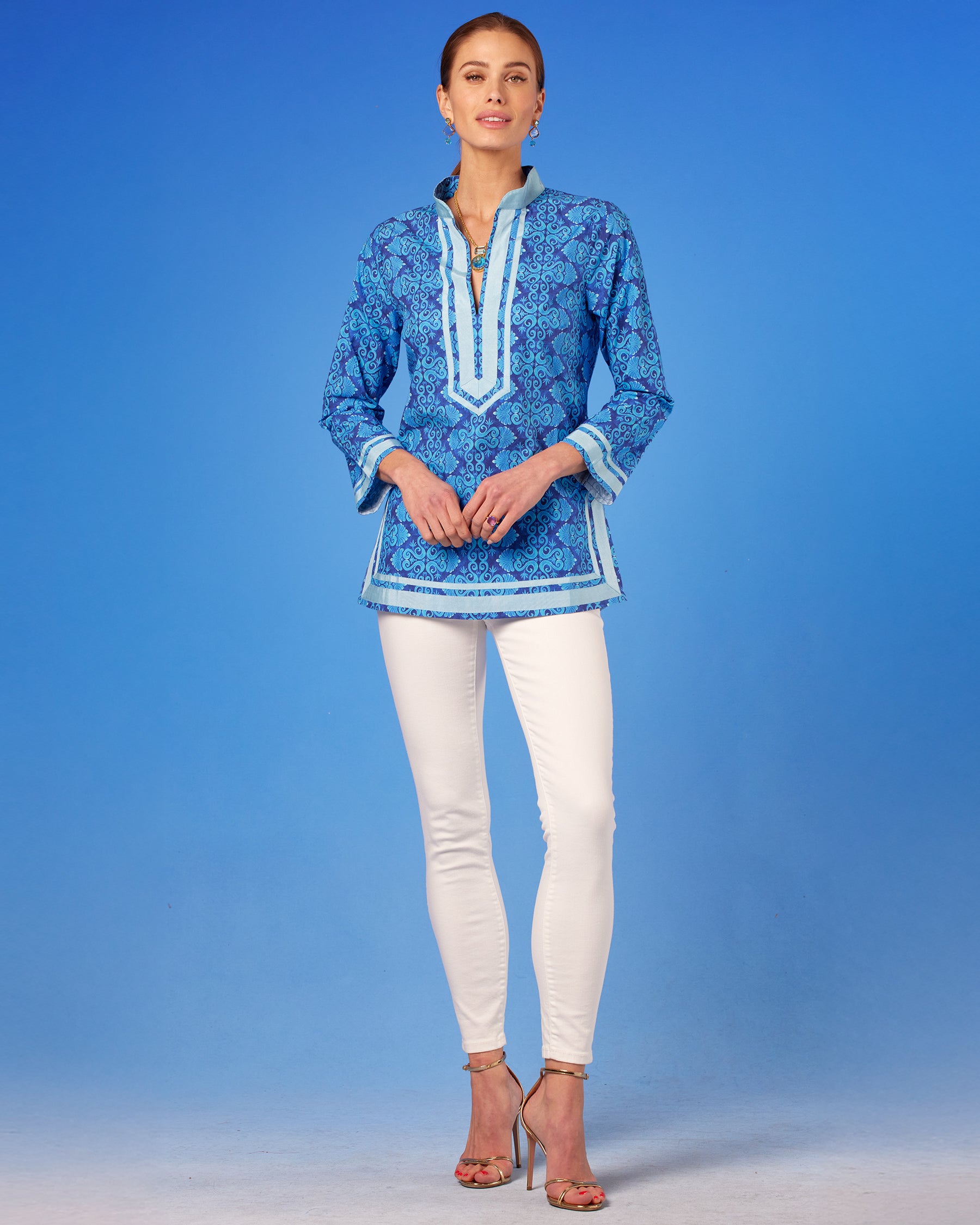 Capri Tunic in Blue Mediterranean Swirl full length