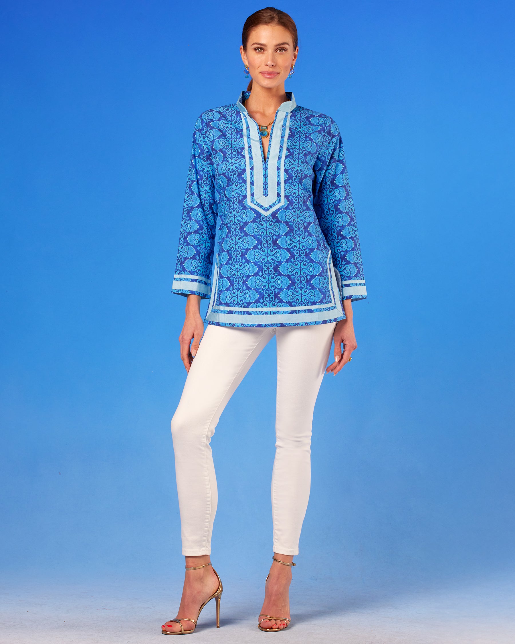 Capri Tunic in Blue Mediterranean Swirl full length