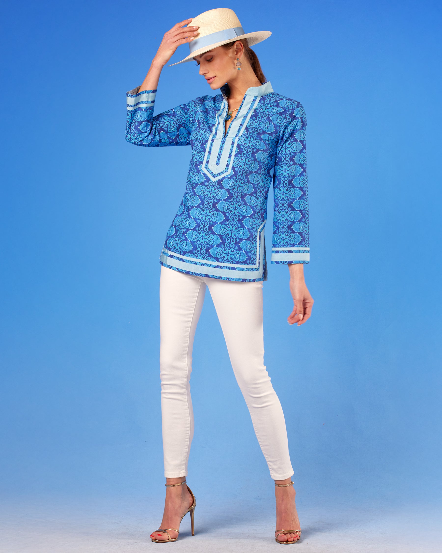 Capri Tunic in Blue Mediterranean Swirl with arm up