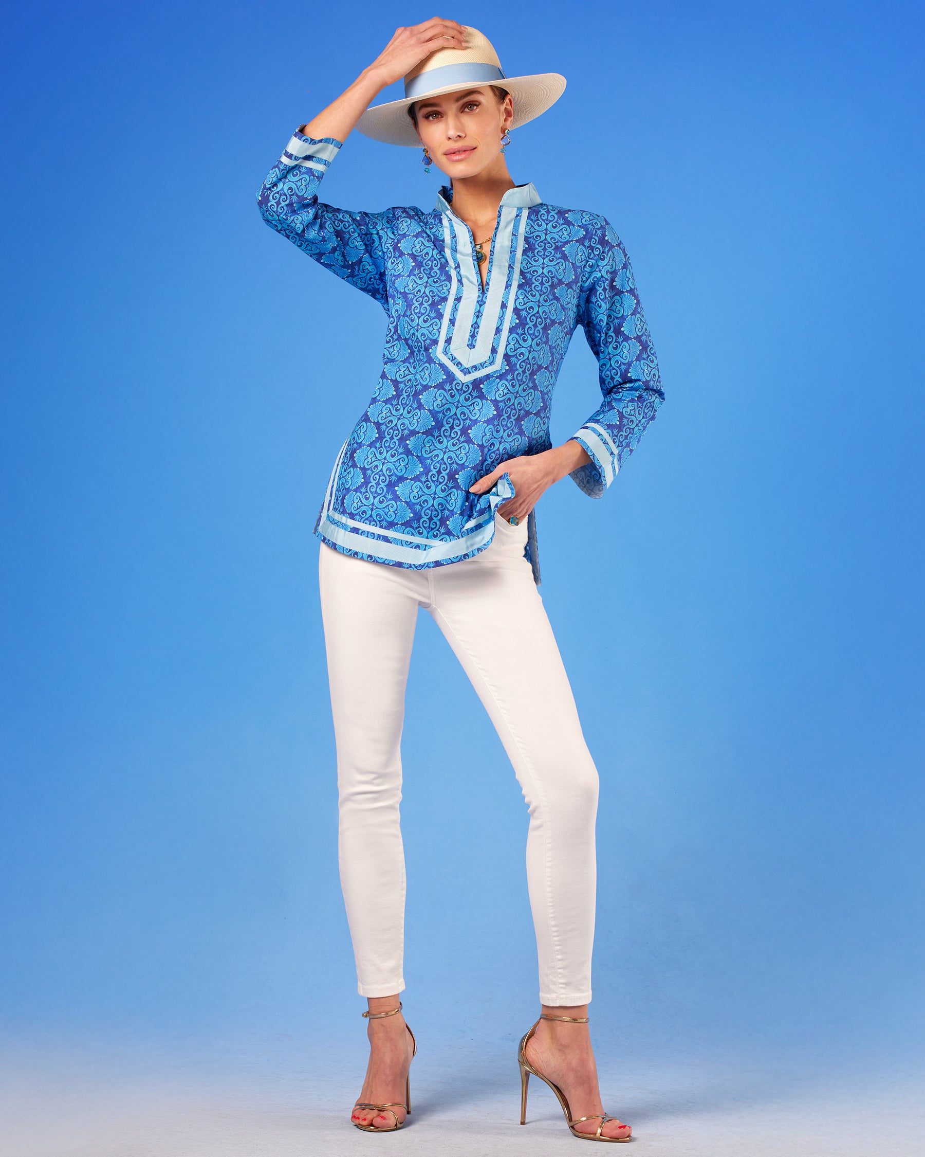 Capri Tunic in Blue Mediterranean Swirl with arm up