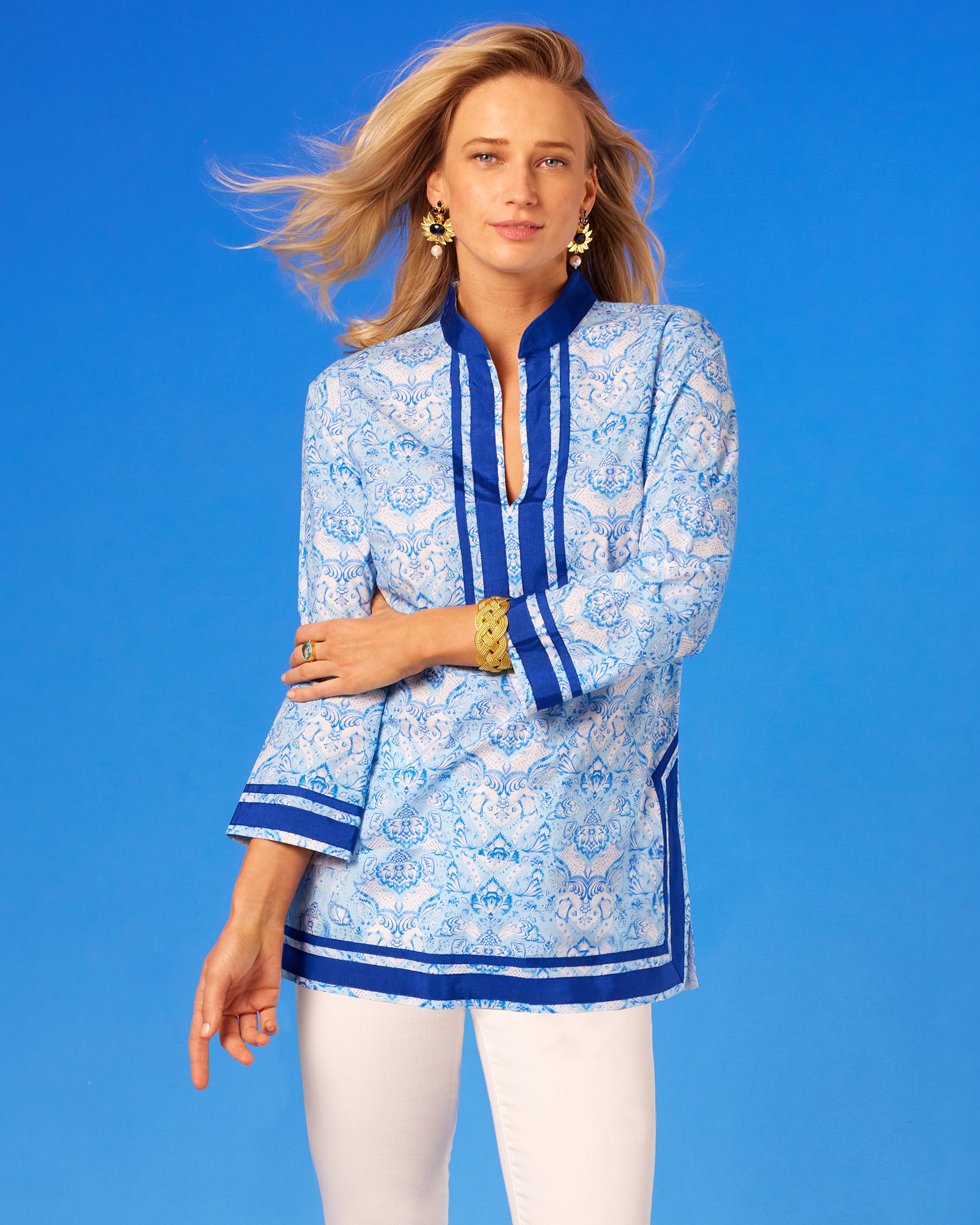 Capri Tunic in Shalimar Blues closer view