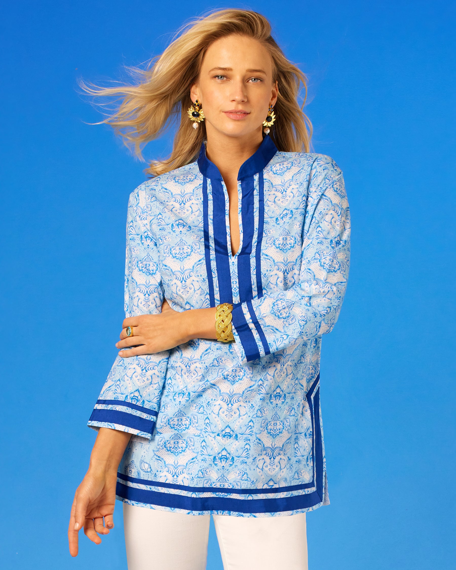 Capri Tunic in Shalimar Blues closer view