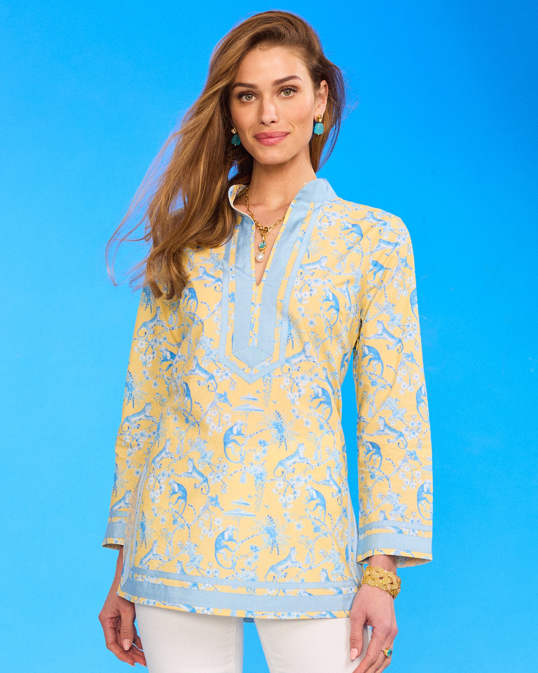 Capri Tunic in Whimsical Jungle Toile Blue and Soft Yellow closer view
