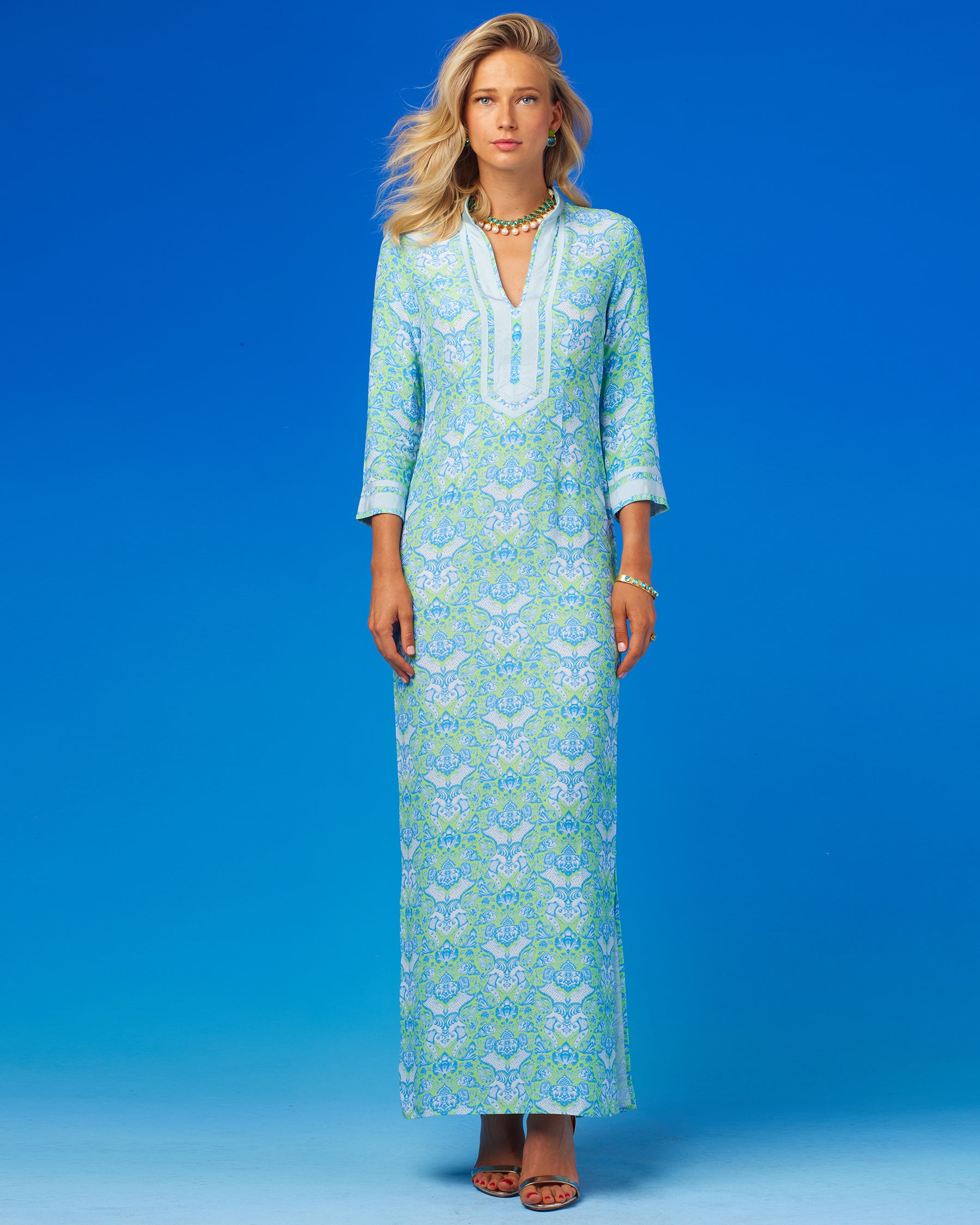 Capri Long Tunic Dress in Shalimar Turquoise on Mint Julep-Front Full View