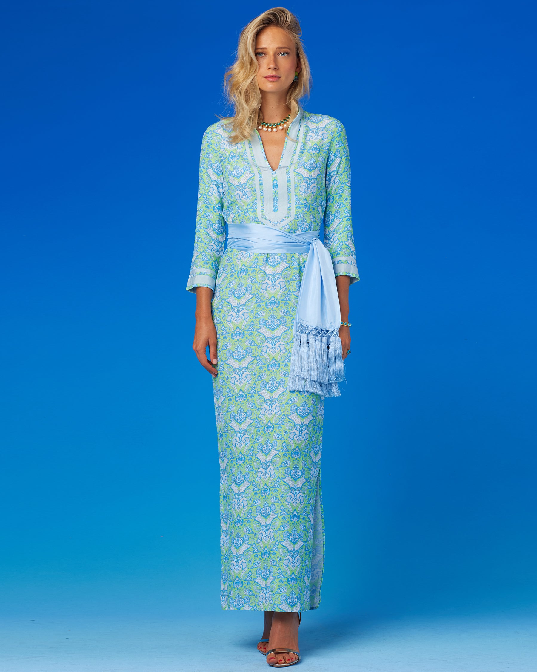 Capri Long Tunic Dress in Shalimar Turquoise on Mint Julep-Worn with the Cosima Sash Belt