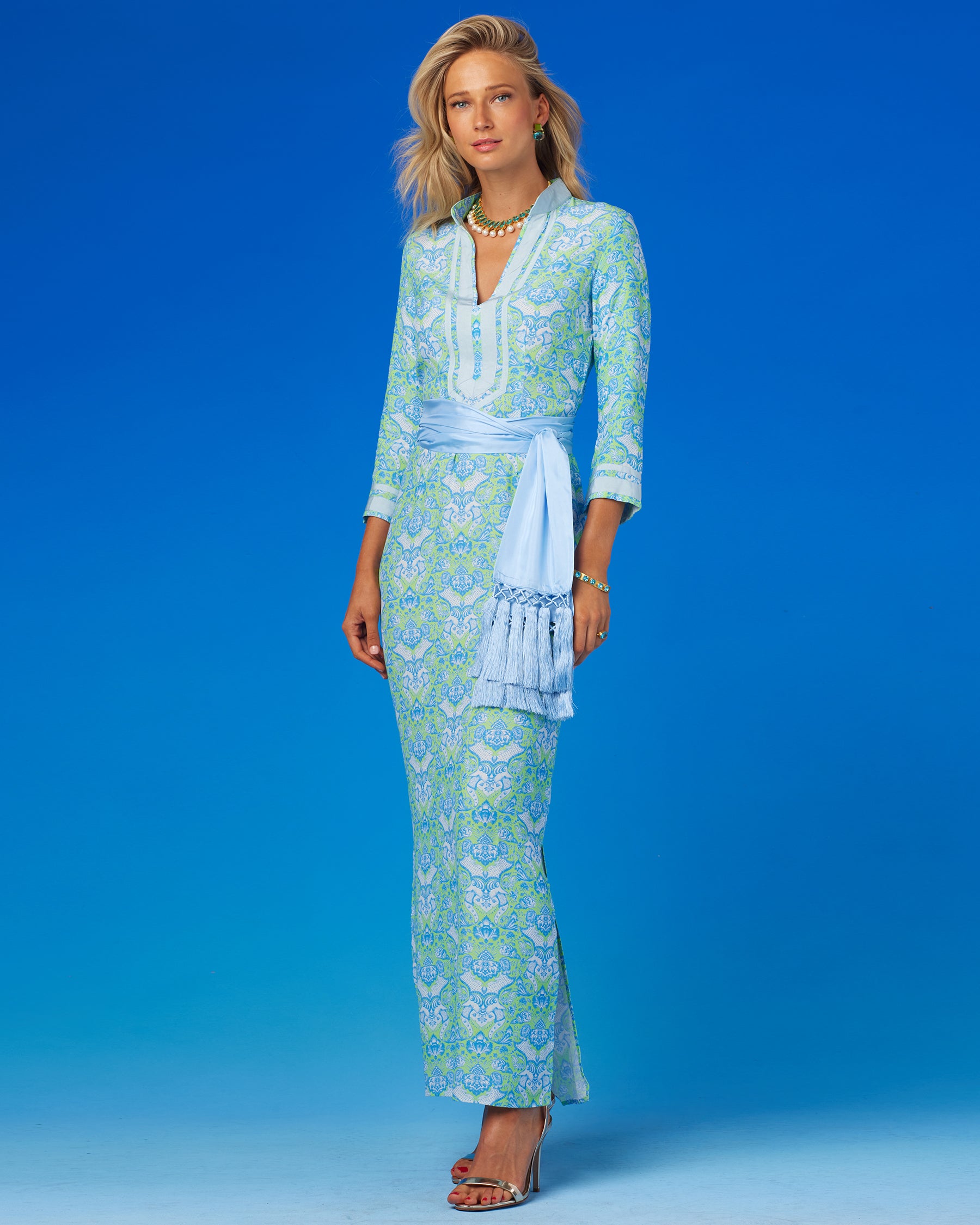 Capri Long Tunic Dress in Shalimar Turquoise on Mint Julep-Front View with the Cosima Sash Belt