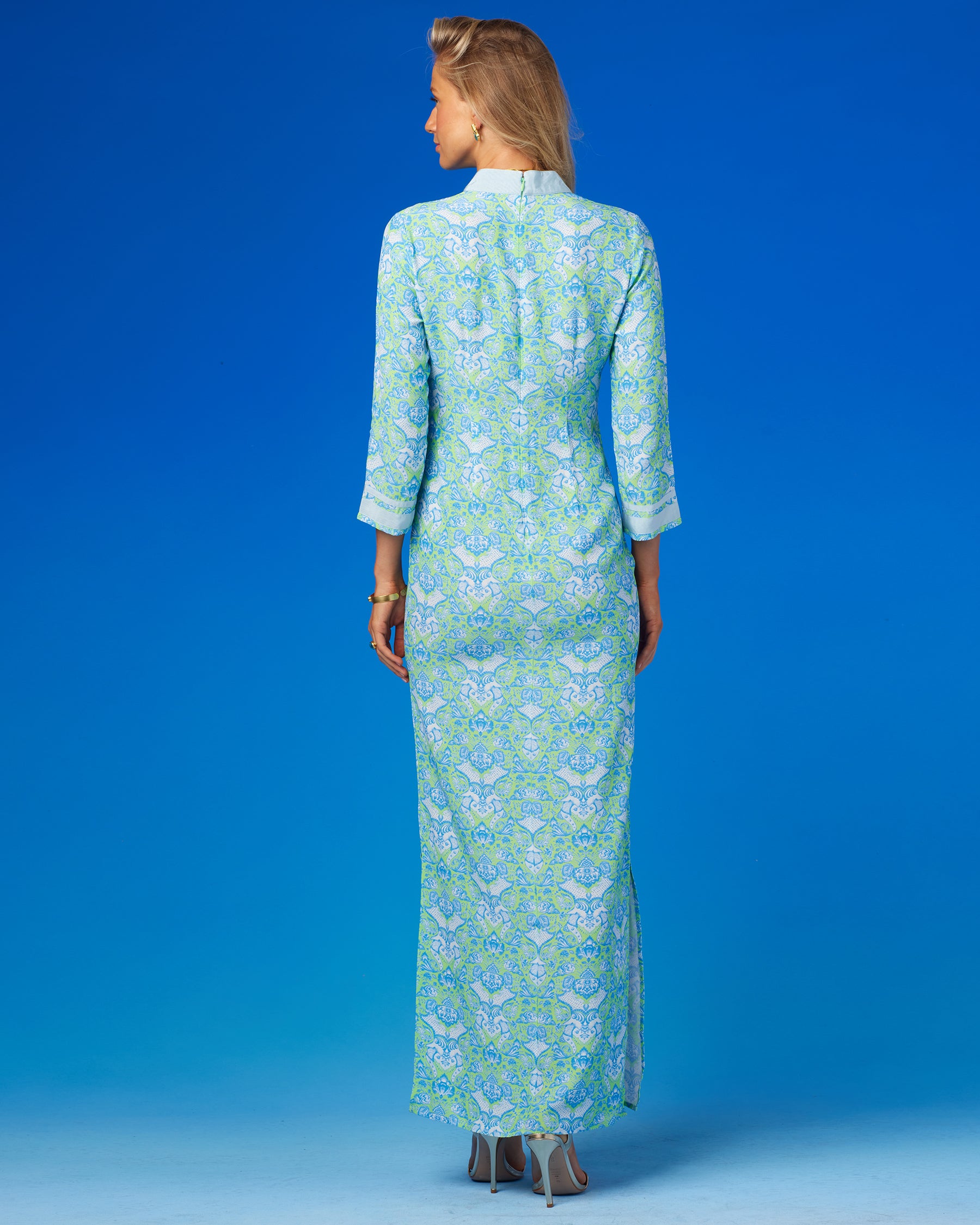 Capri Long Tunic Dress in Shalimar Turquoise on Mint Julep-Back View