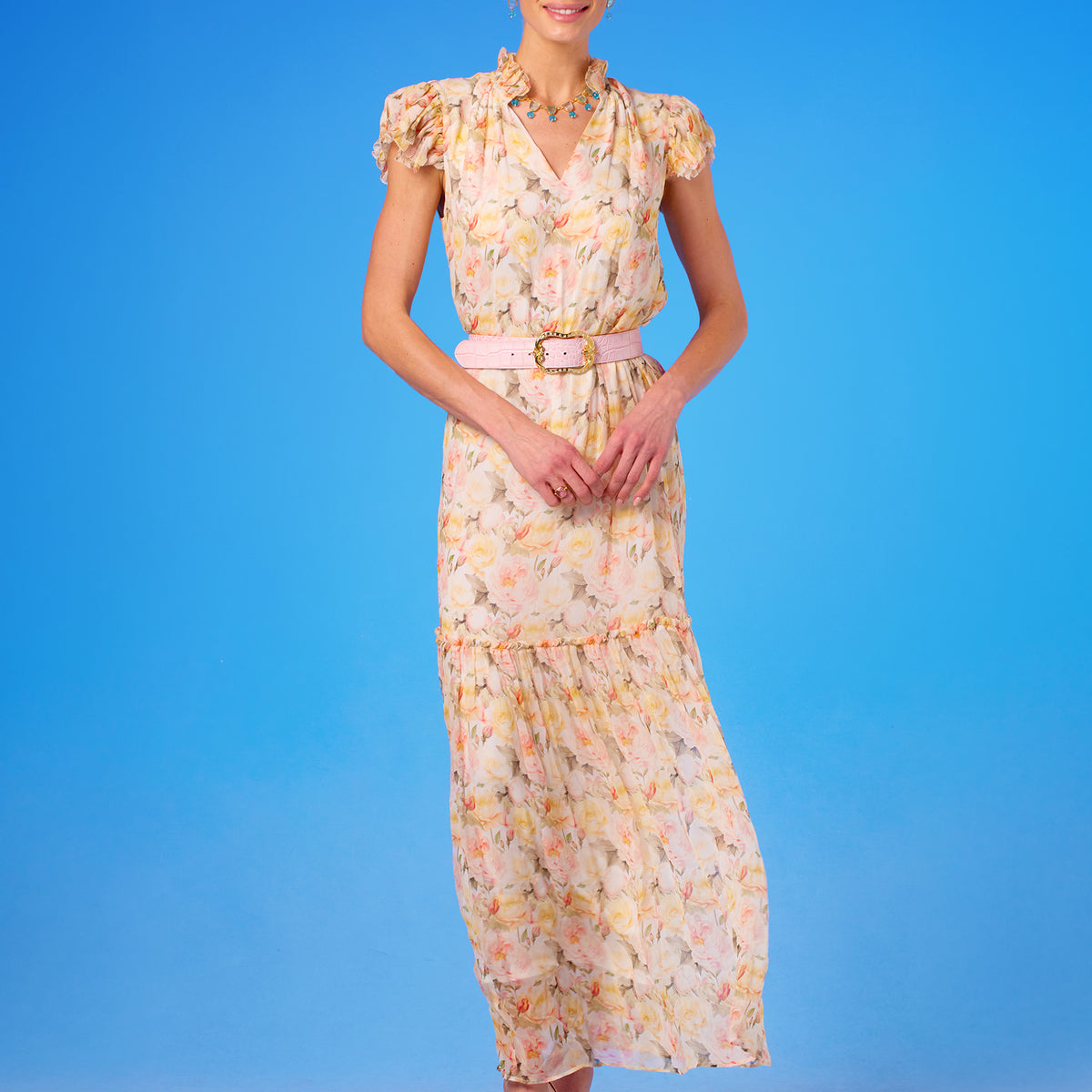 Nicoblu Caroline Flutter Sleeve Chiffon Maxi Dress in Pastel Roses Petite-4