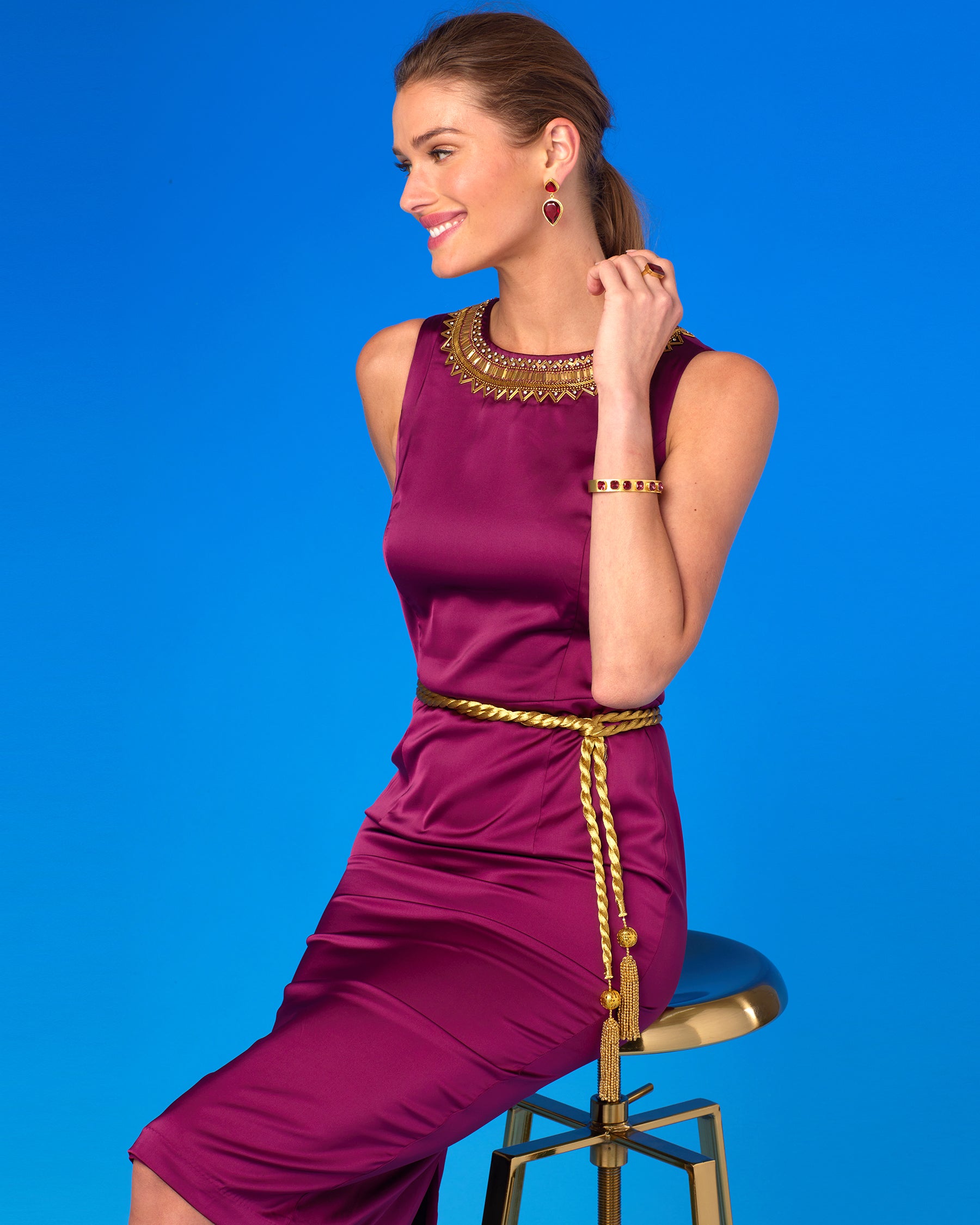 Catalina Ruby Red Midi Sheath Dress and Gold Embellishment-Sitting