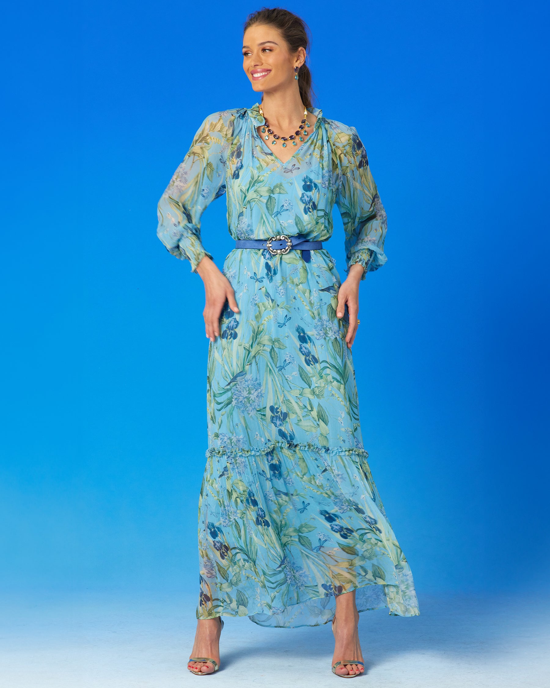 Celine Maxi Crinkle Chiffon Dress in Magical Garden-Full length view with waist cinched with the Blair Belt in Indigo Blue