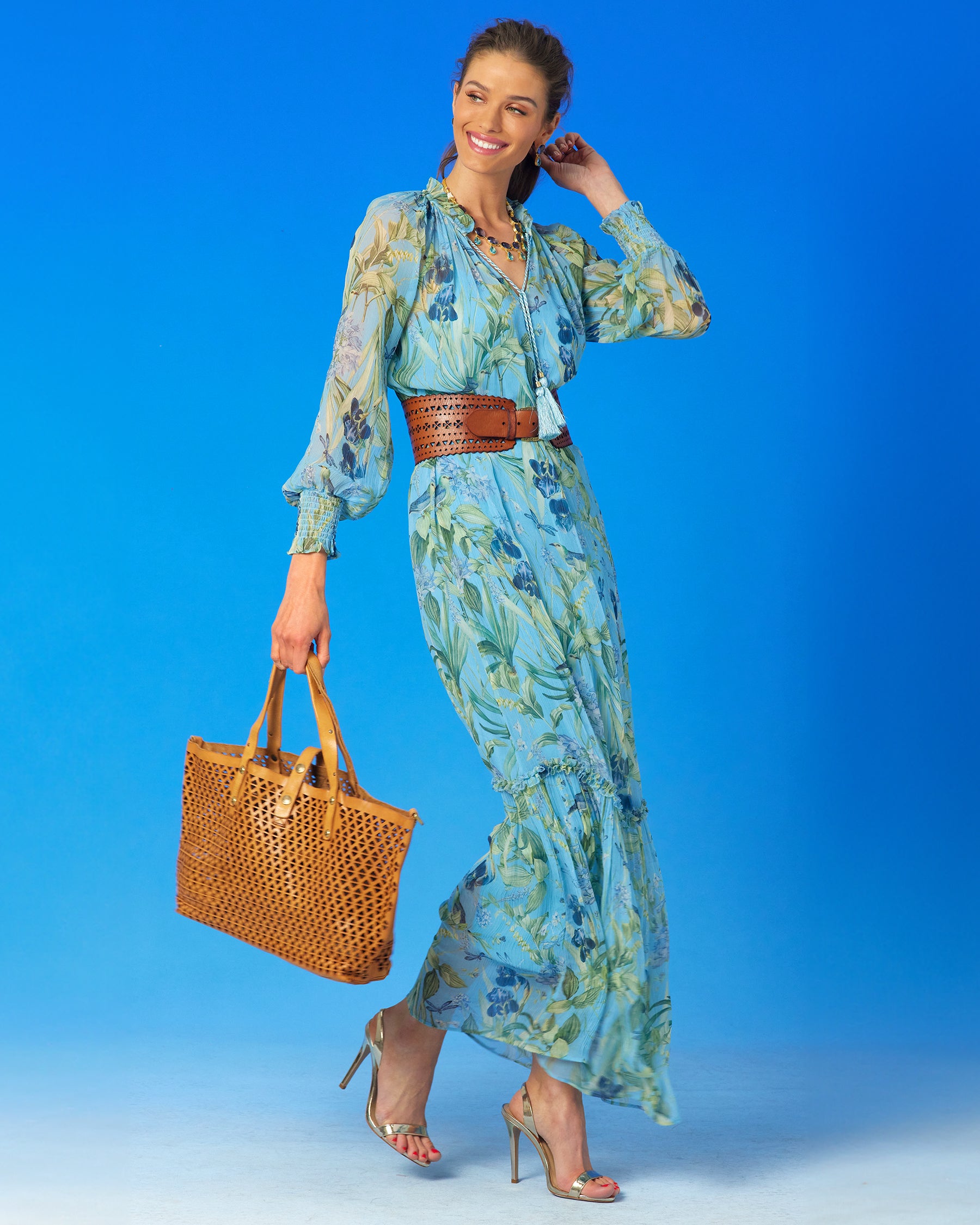 Campomaggi Malibu Wide Corset Pyramid Laser Cut Belt in Dark Brown worn with the Celine Maxi Crinkle Chiffon Dress in Magical Garden and the Campomaggi Malibu Pyramid Cut Tote Bag in Tan-full view