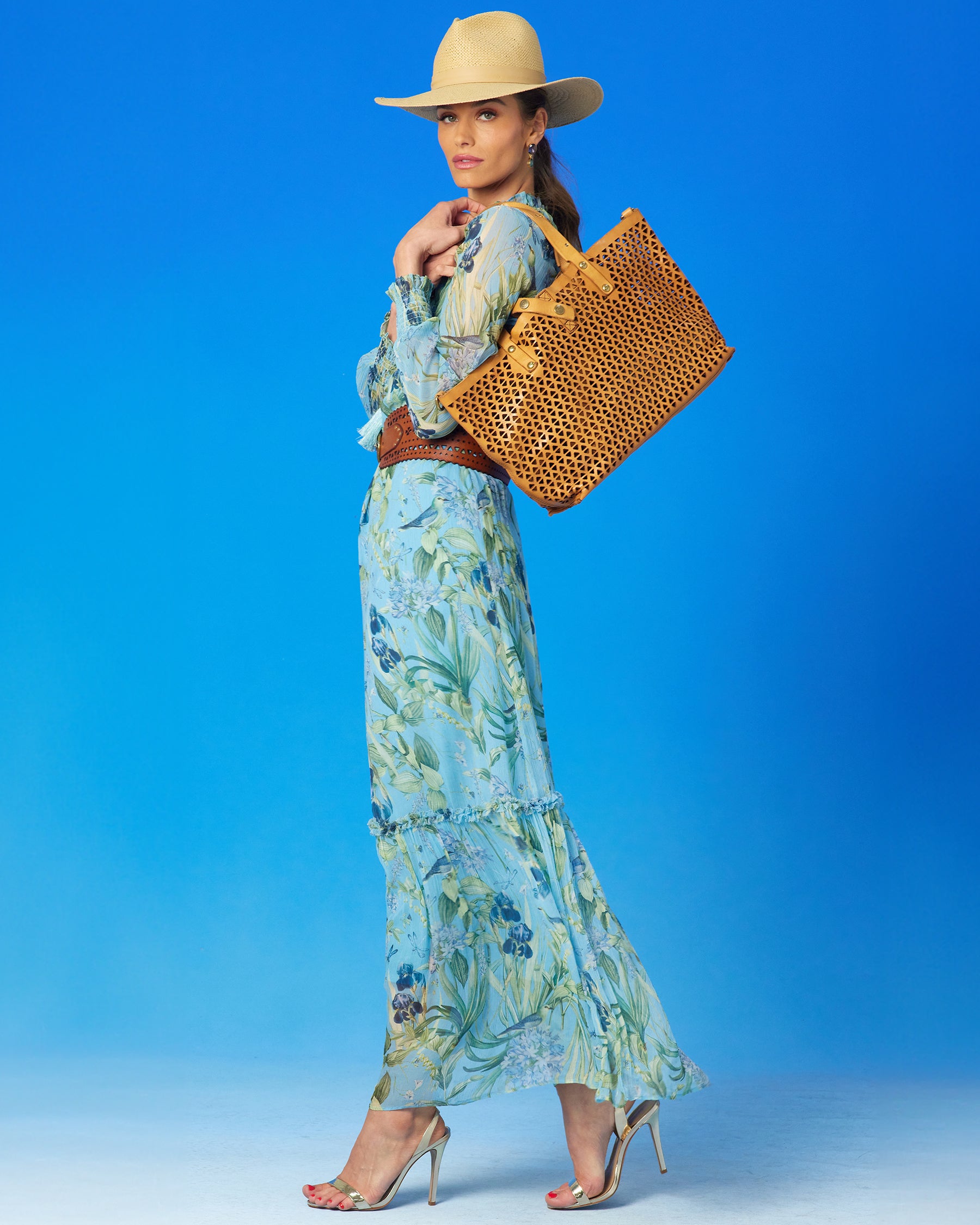 Celine Maxi Crinkle Chiffon Dress in Magical Garden-side view with Campomaggi  leather tote on shoulder
