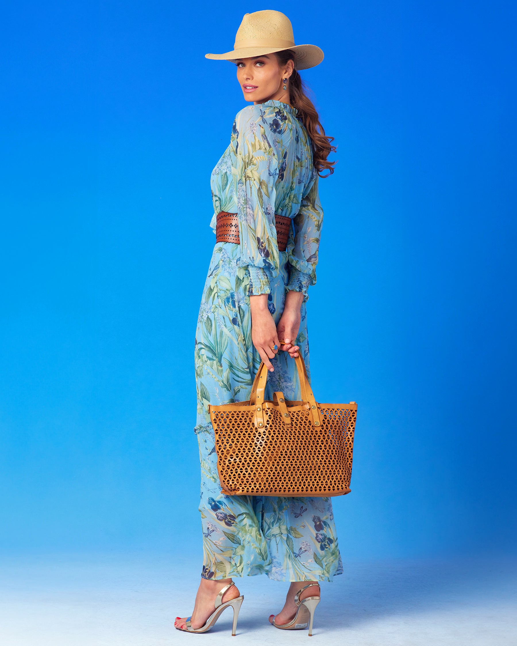 Campomaggi Malibu Pyramid Cut Tote Bag in Tan worn with the Celine Maxi Crinkle Chiffon Dress in Magical Garden
