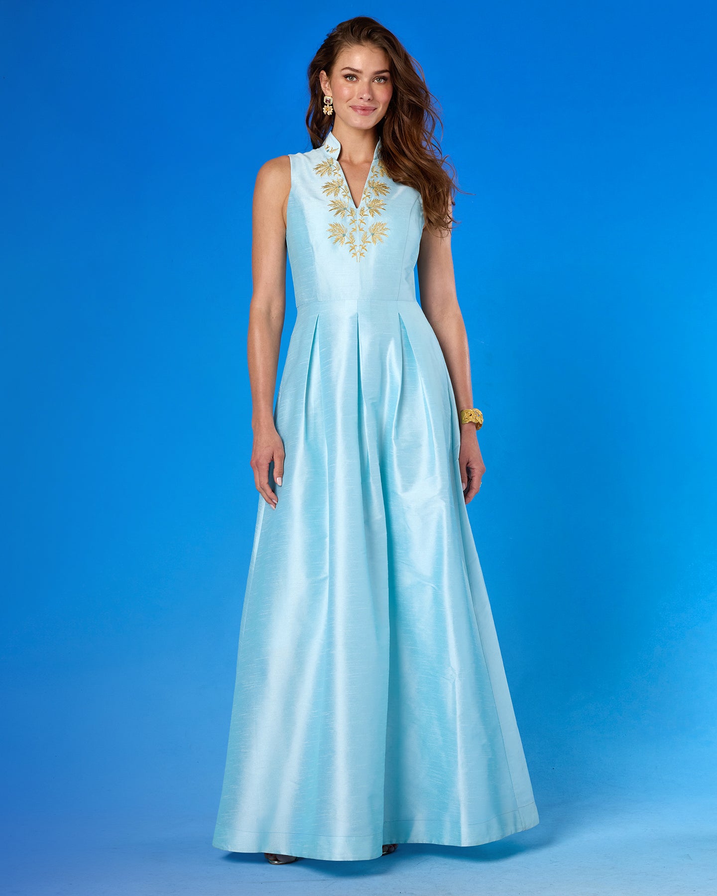 Celestine Gown in Pastel Blue and Gold Palm Embroidery full view
