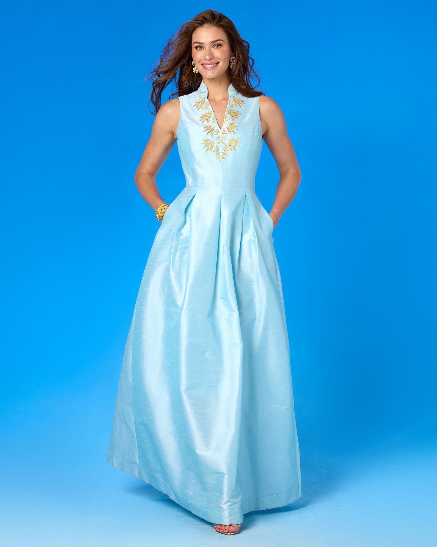 Celestine Gown in Pastel Blue and Gold Palm Embroidery