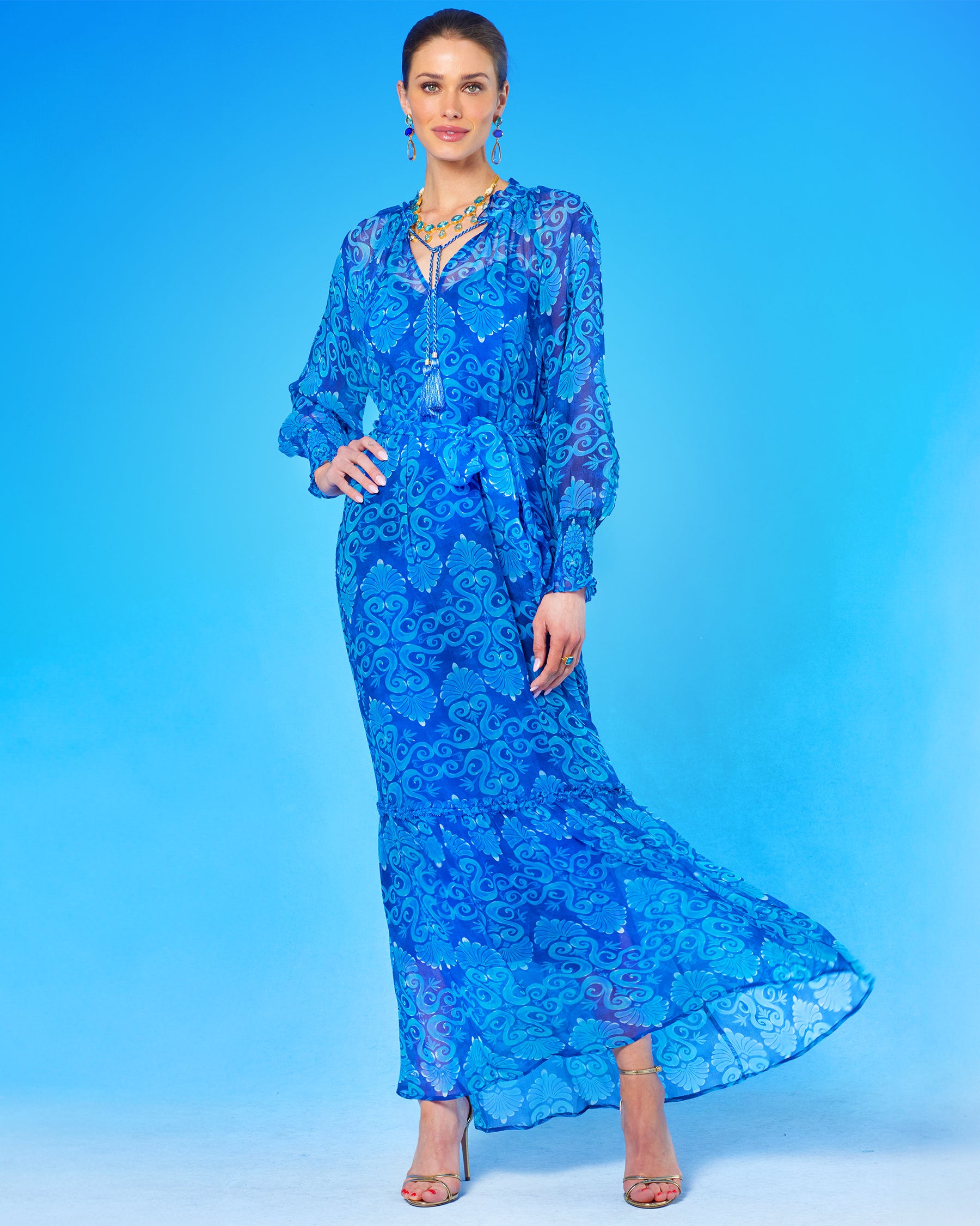 Celine Maxi Crinkle Chiffon Dress in Blue Mediterranean Swirl-Skirt Blowing in the Wind