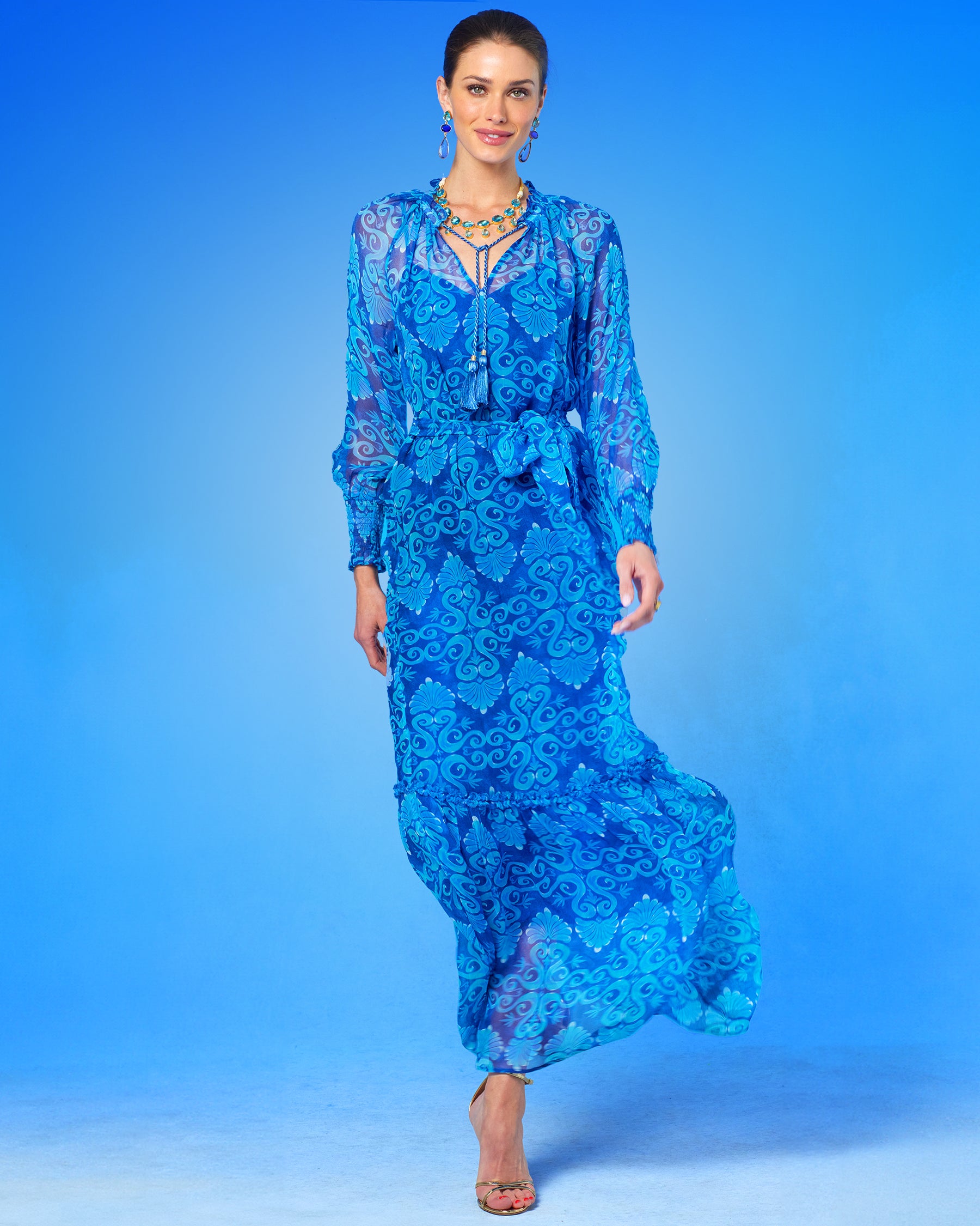 Celine Maxi Crinkle Chiffon Dress in Blue Mediterranean Swirl