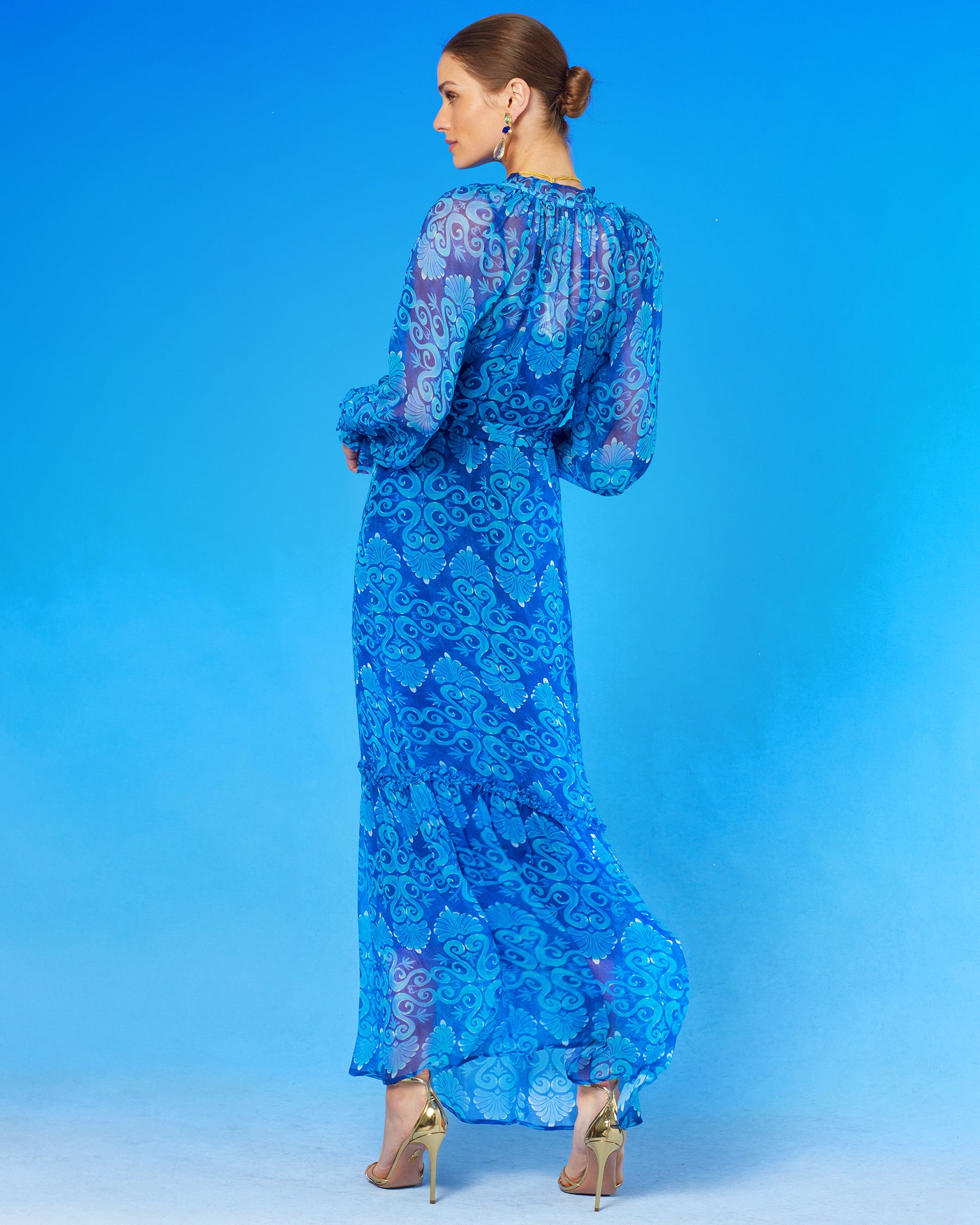 Celine Maxi Crinkle Chiffon Dress in Blue Mediterranean Swirl-Back View