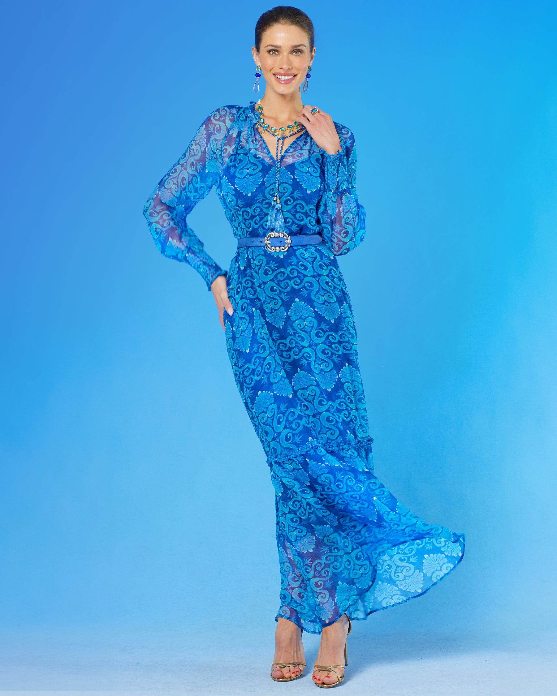 Celine Maxi Crinkle Chiffon Dress in Blue Mediterranean Swirl-Front View