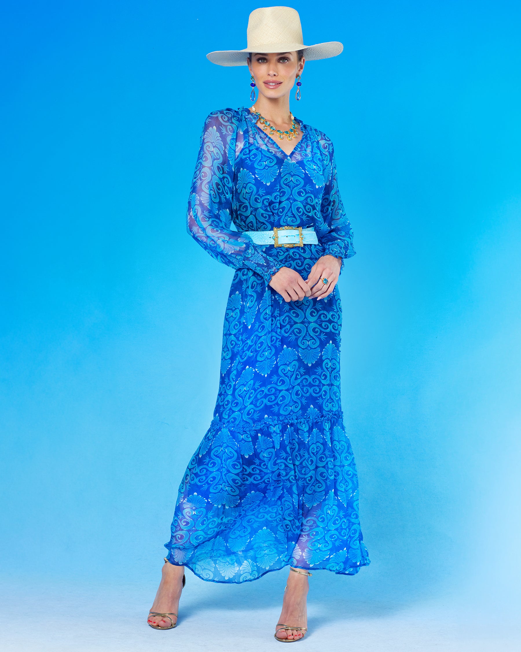 Celine Maxi Crinkle Chiffon Dress in Blue Mediterranean Swirl-Full View
