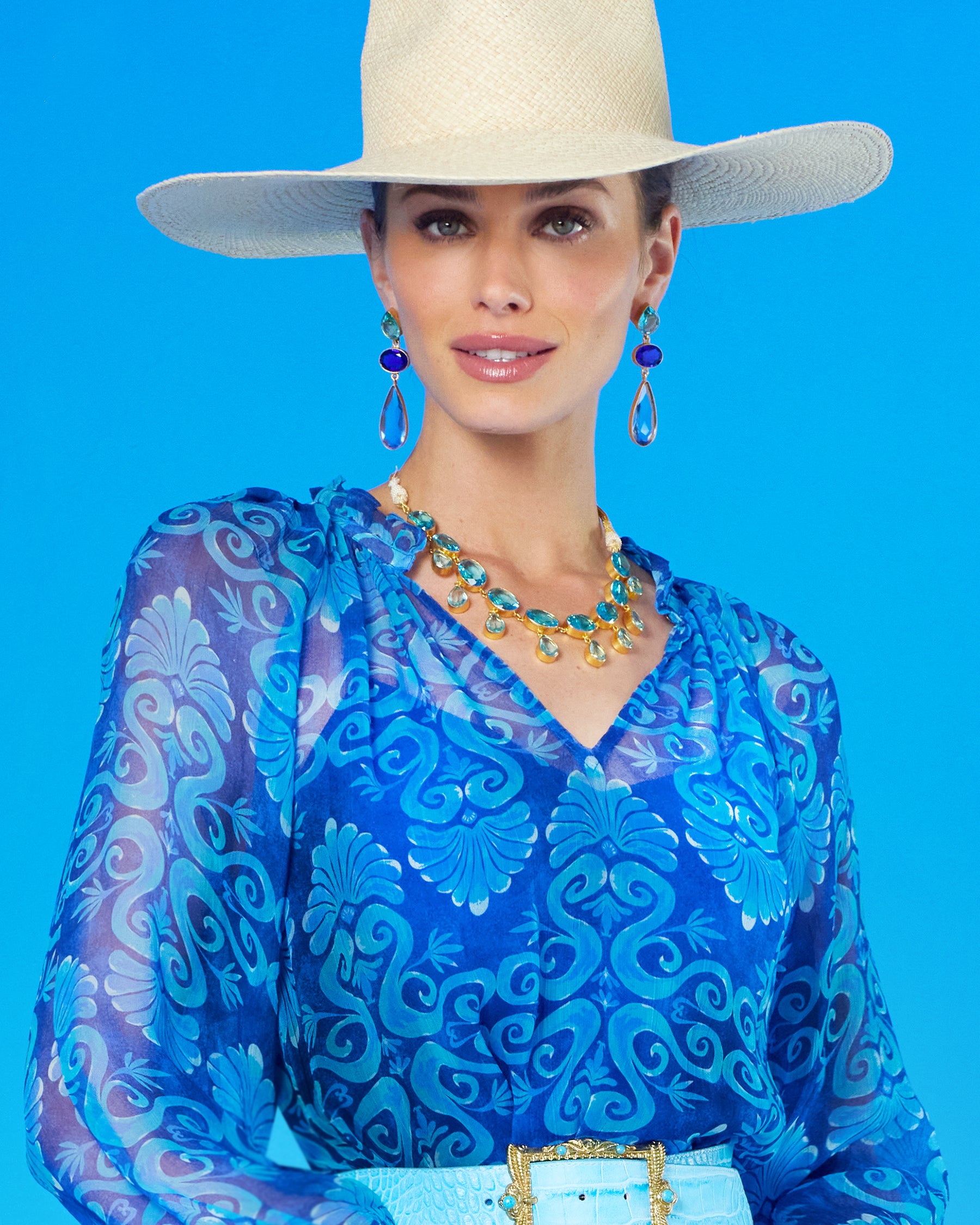 Ravenna Statement Drop Earrings in Sea Blues worn with the Celine Maxi Crinkle Chiffon Dress in Blue Mediterranean Swirl