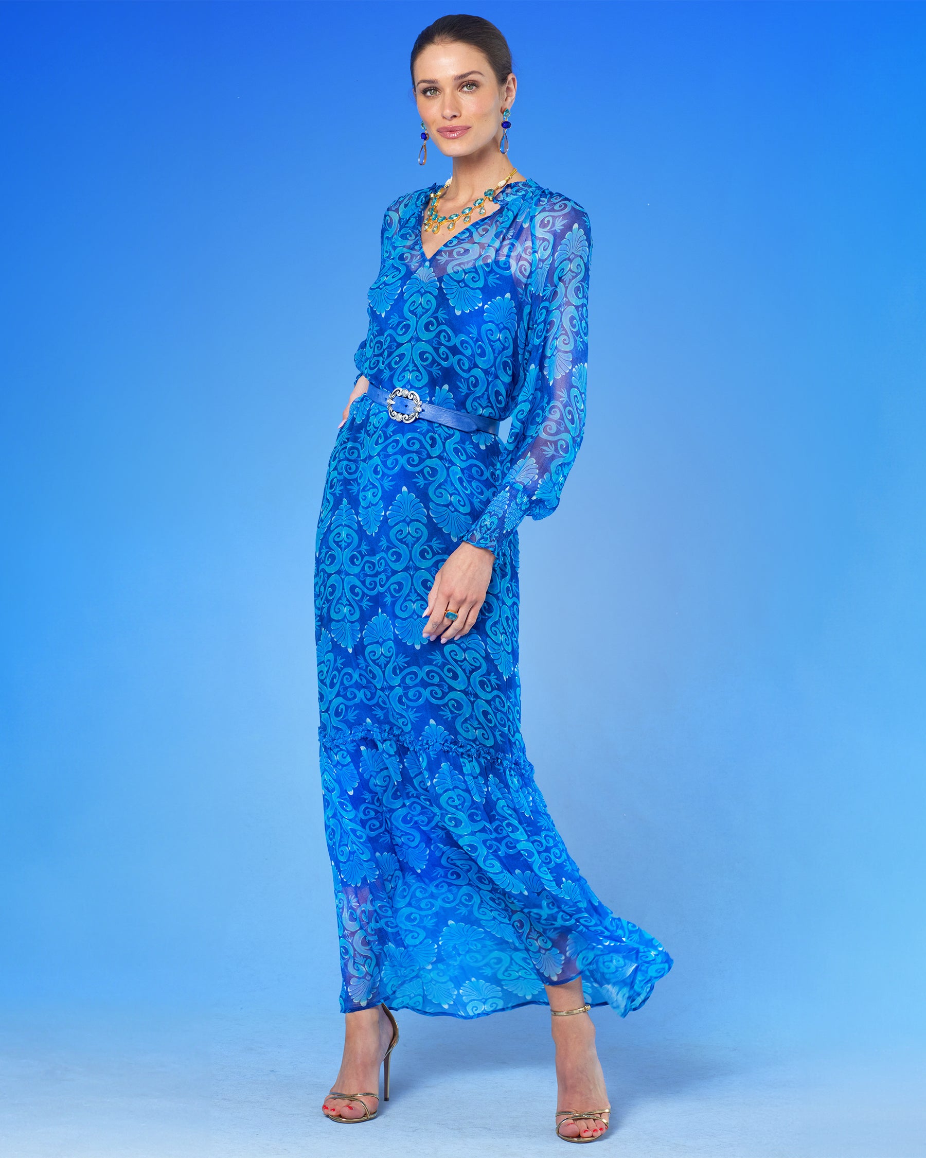 Celine Maxi Crinkle Chiffon Dress in Blue Mediterranean Swirl-Front Side View