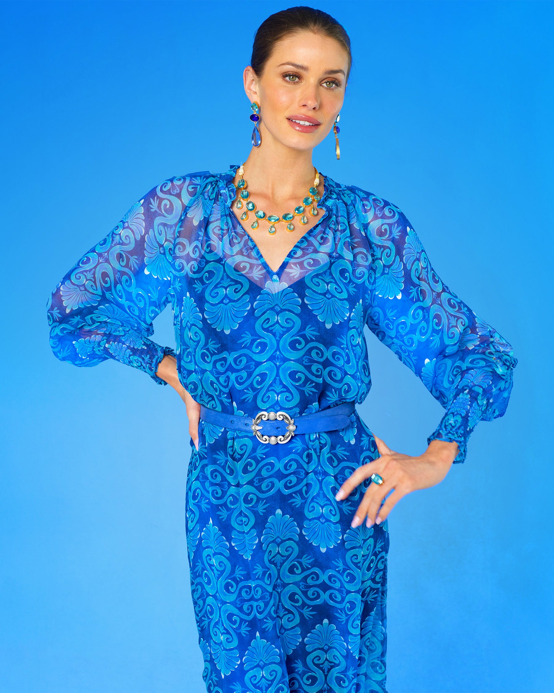 Celine Maxi Crinkle Chiffon Dress in Blue Mediterranean Swirl