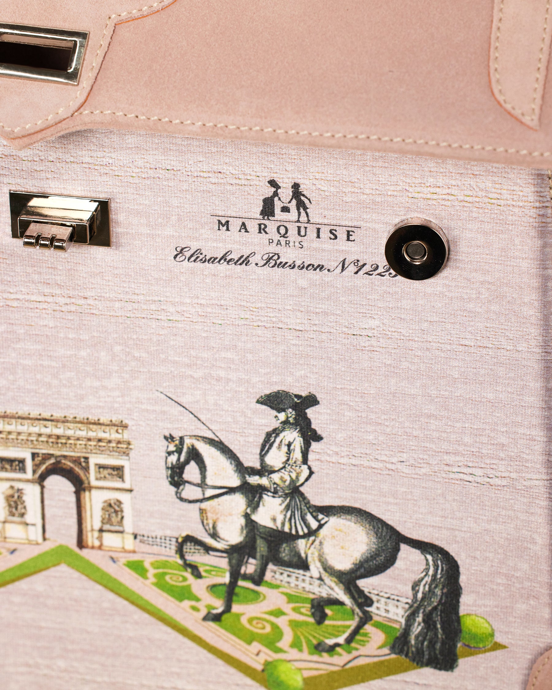 Detail view of horseman of the Marquise Paris Champs-Élysées Equestrian Top Handle Shoulder Bag in Soft Pink