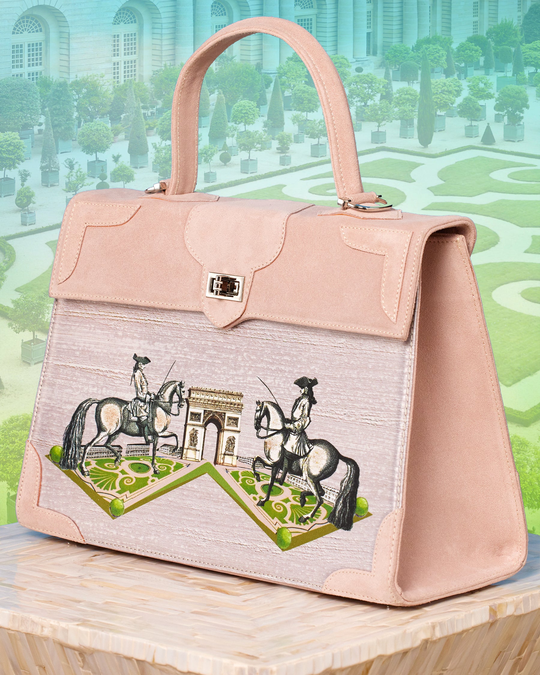 Side view of the Marquise Paris Champs-Élysées Equestrian Top Handle Shoulder Bag in Soft Pink