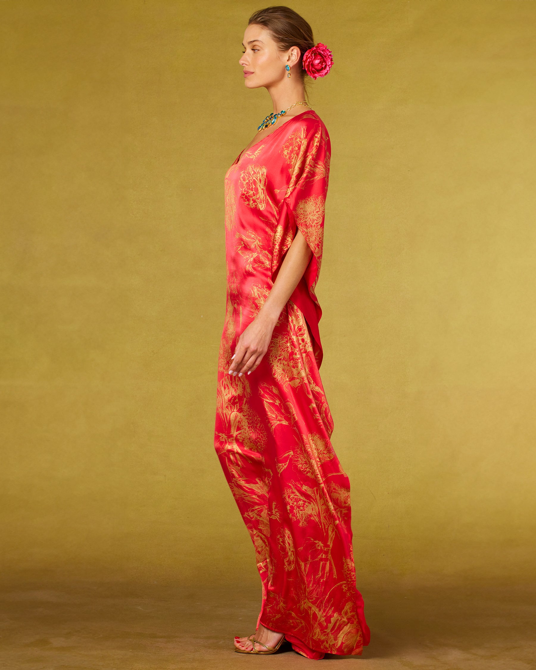 Chantal Red Silk Kaftan in Gold Floral Toile-Side View