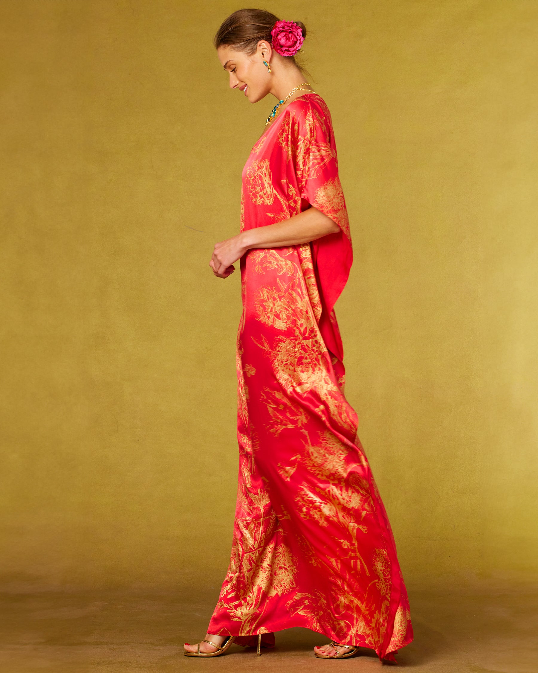 Chantal Red Silk Kaftan in Gold Floral Toile-Side View