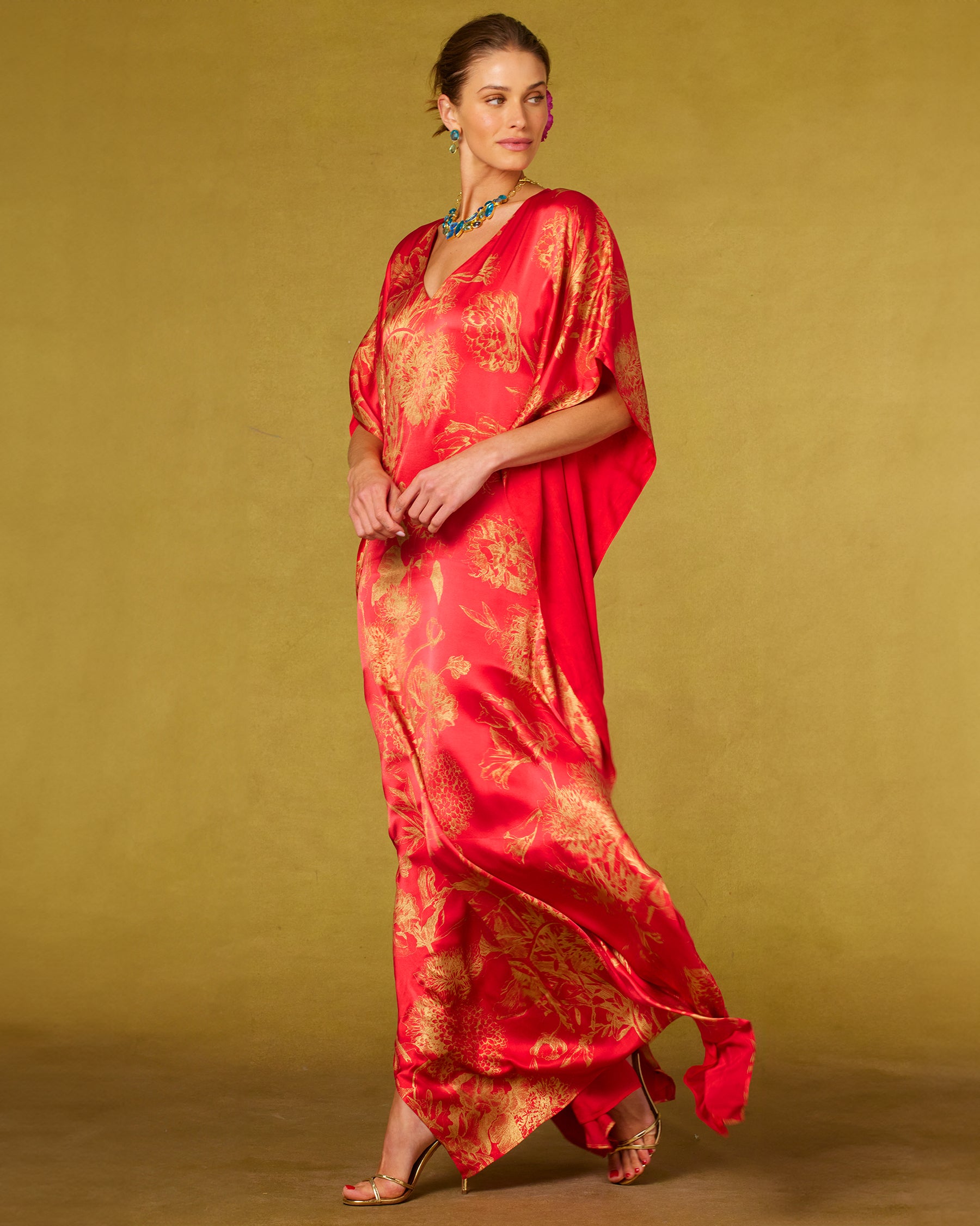 Chantal Red Silk Kaftan in Gold Floral Toile