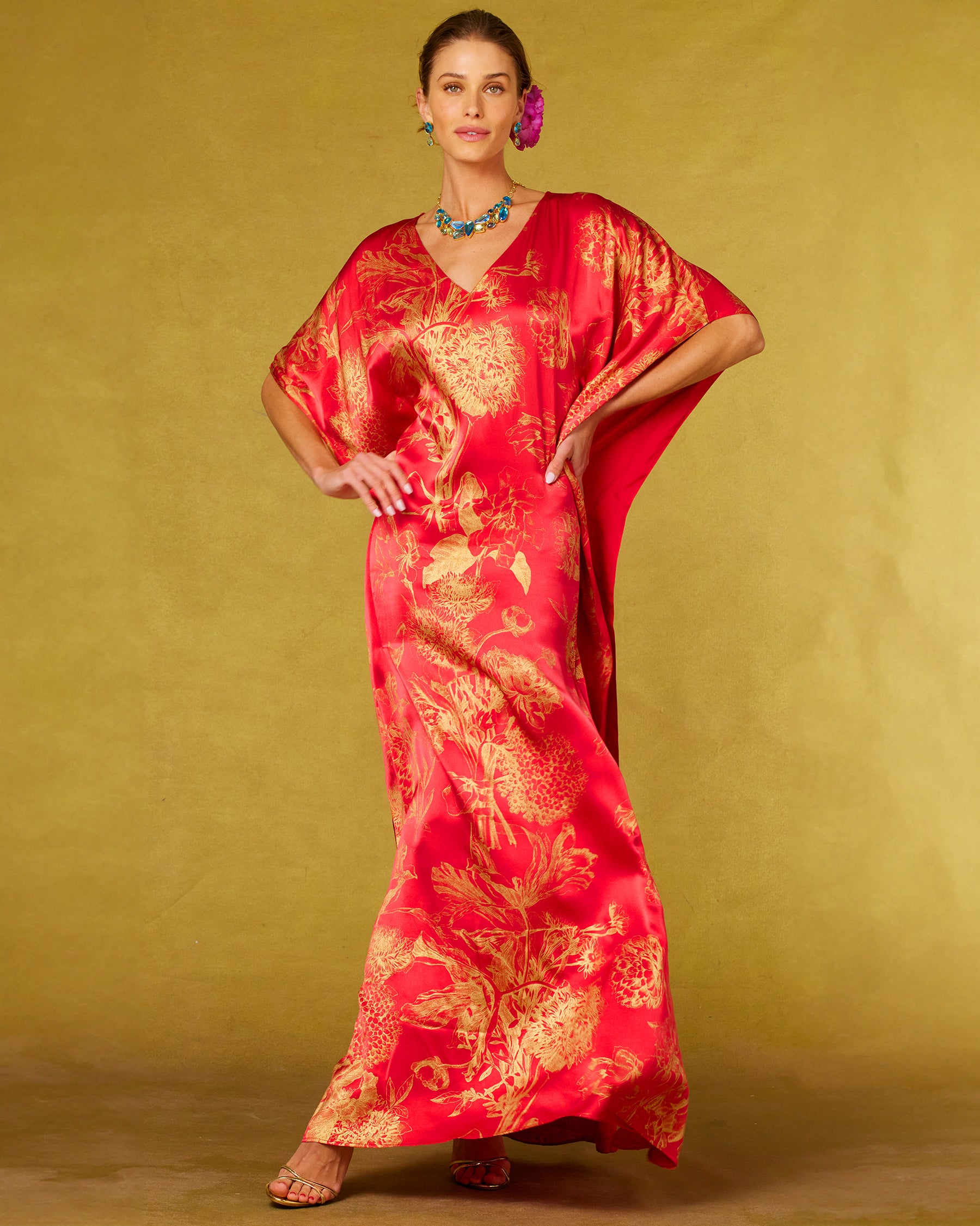 Chantal Red Silk Kaftan in Gold Floral Toile front view with hands on hips