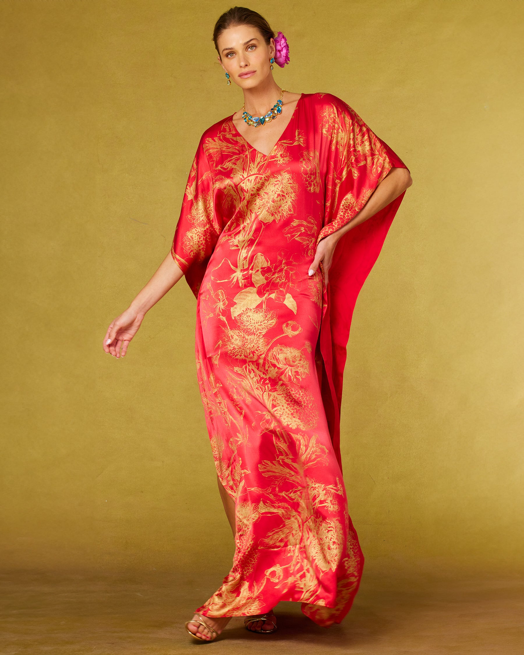 Chantal Red Silk Kaftan in Gold Floral Toile