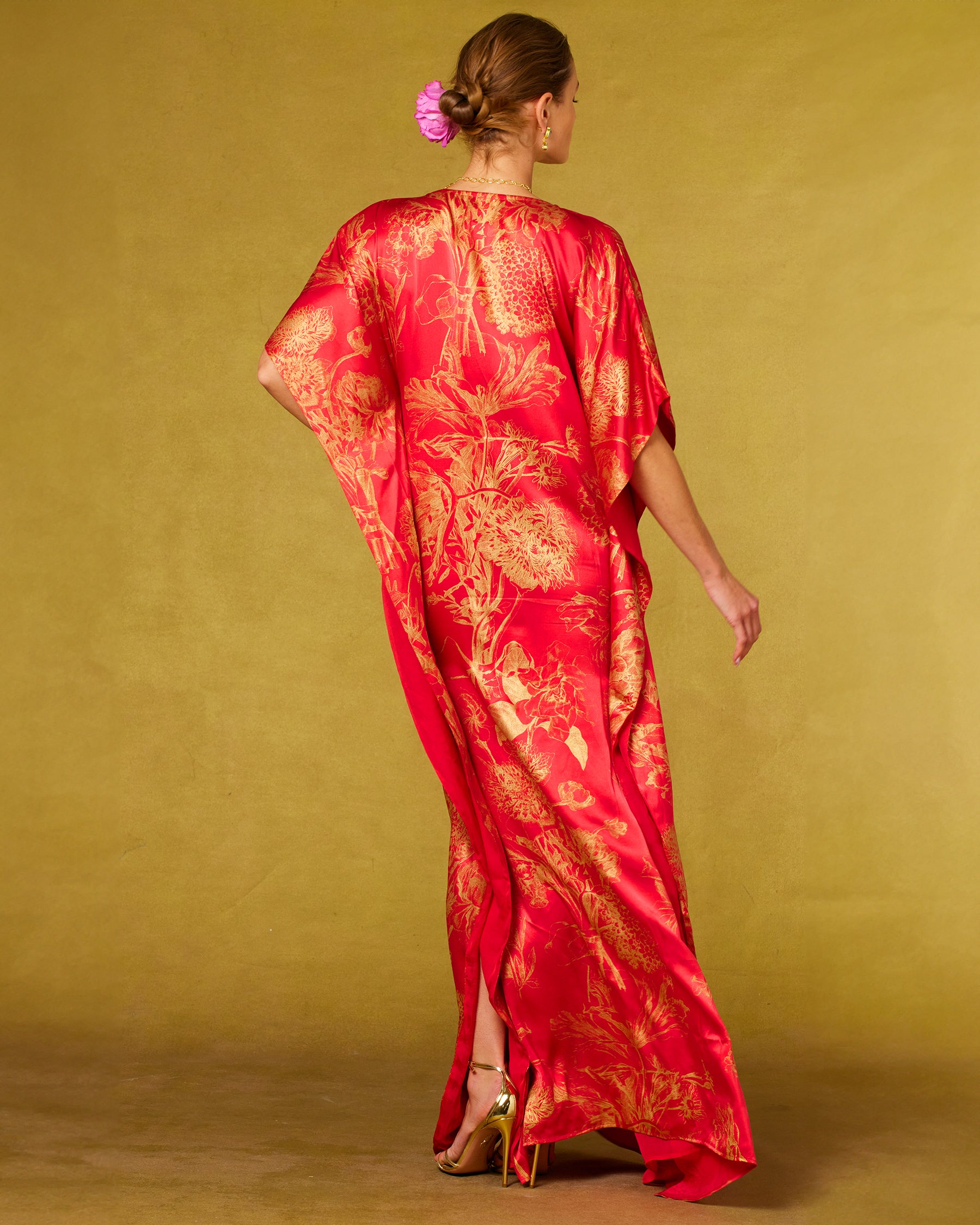 Chantal Red Silk Kaftan in Gold Floral Toile-Back View