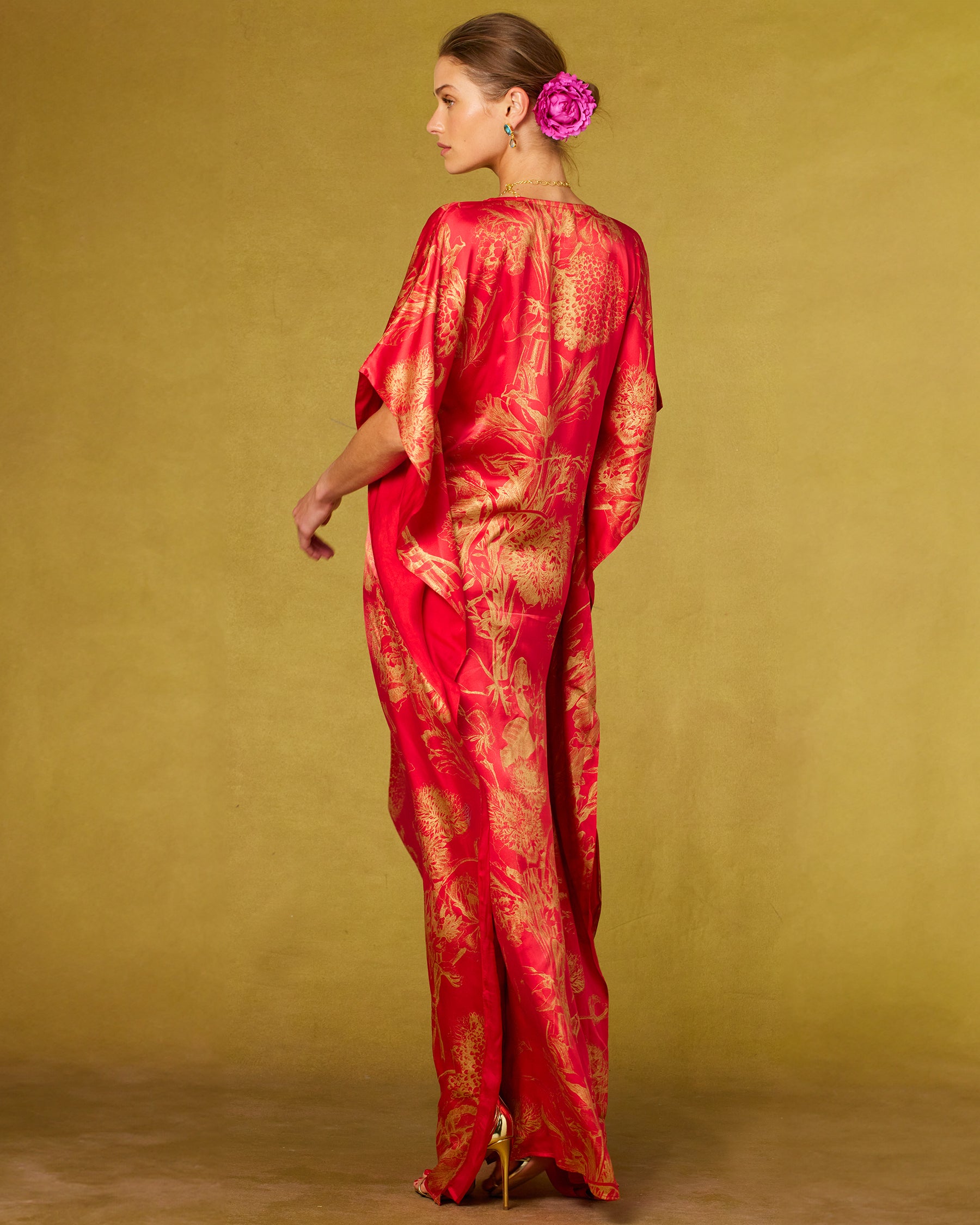 Chantal Red Silk Kaftan in Gold Floral Toile-Back View