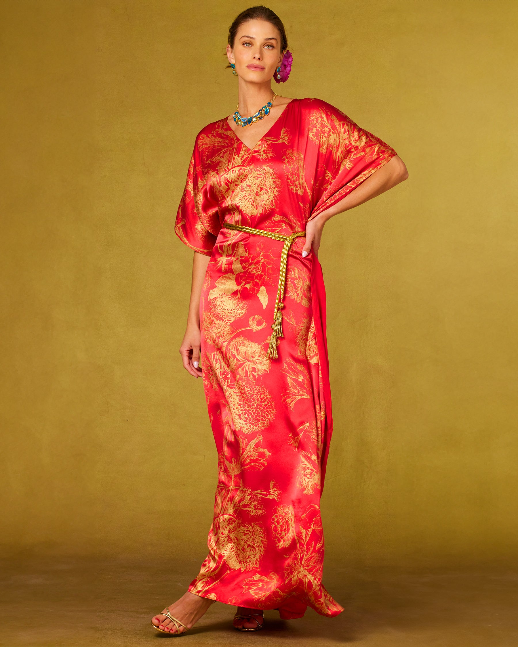 Artemis Rope Belt in Gold Beading worn with the Chantal Silk Kaftan in Red and Gold Florals