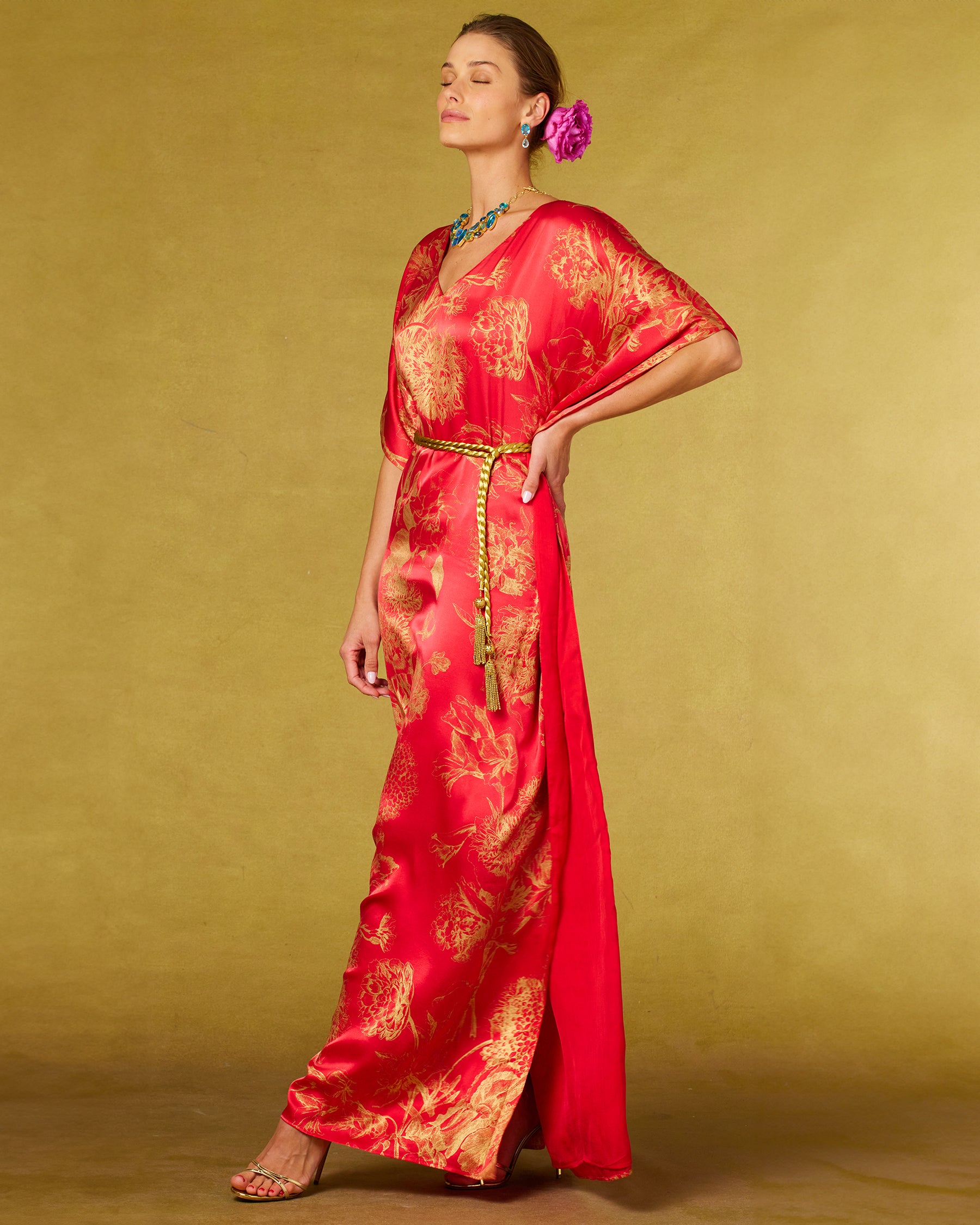 Artemis Rope Belt in Gold Beading worn with the Chantal Silk Kaftan in Red and Gold Florals