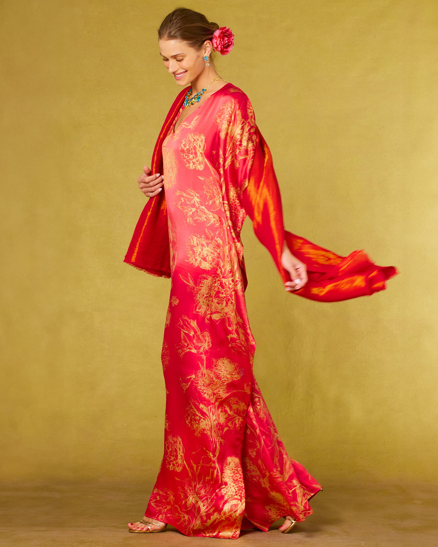 Josephine Reversible Pashmina Shawl in Gold Shimmer Red worn with the Chantal Silk Kaftan in Red and Gold