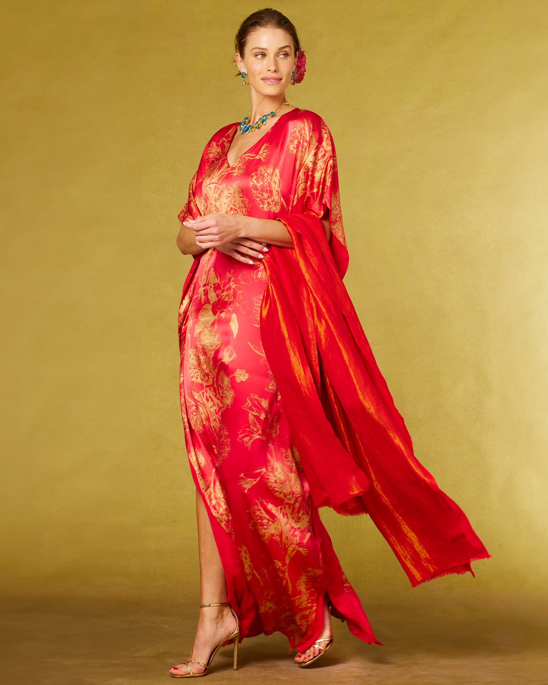 Josephine Reversible Pashmina Shawl in Gold Shimmer Red worn with the Chantal Silk Kaftan in Red and Gold