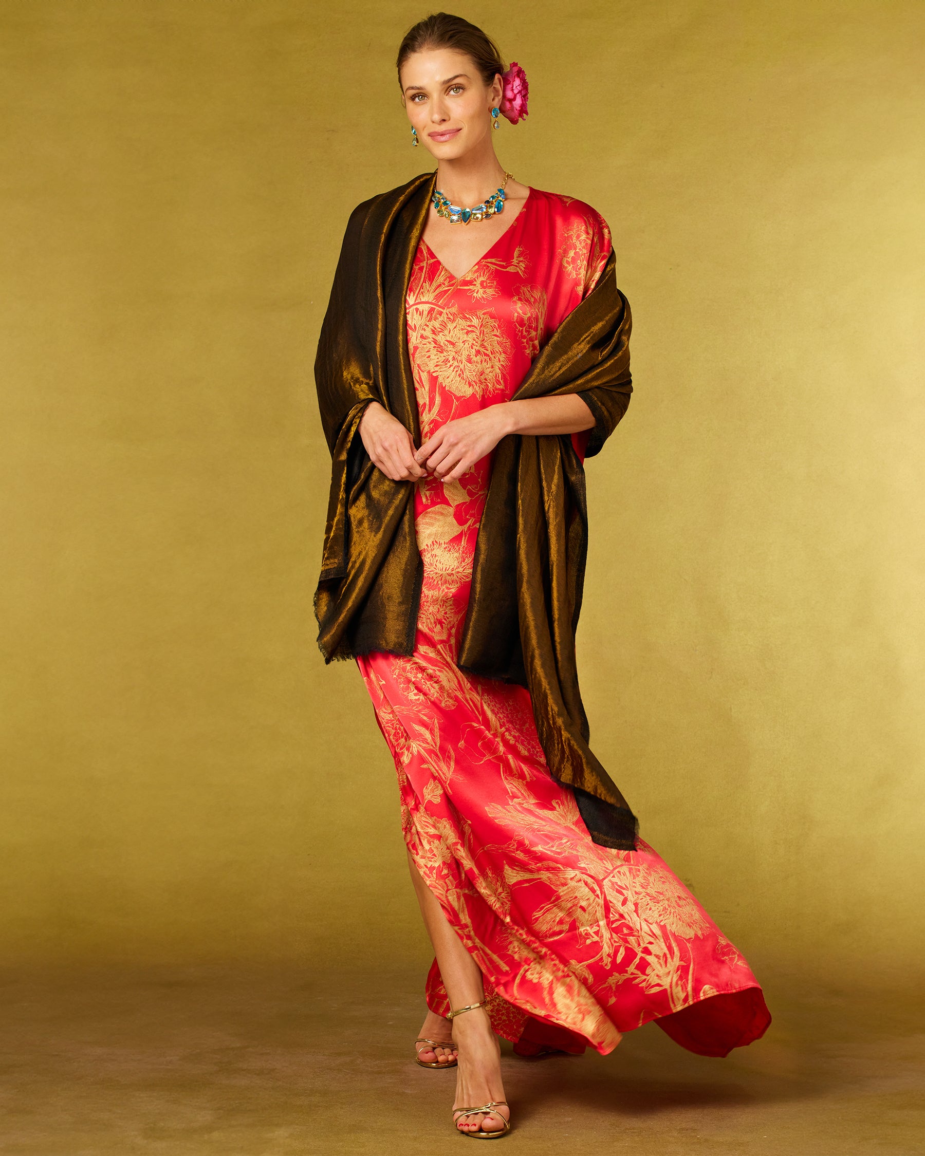 Chantal Red Silk Kaftan in Gold Floral Toile-and Josephine Pashmina Shawl in Black and Bronze draped over shoulders