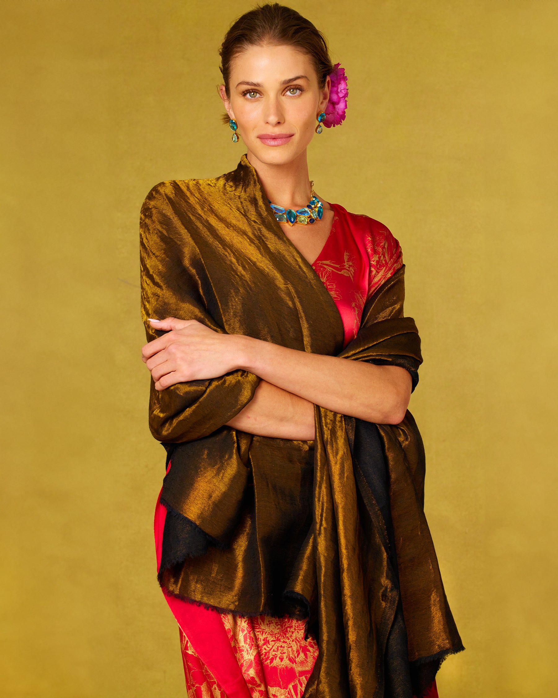 Josephine Reversible Pashmina Shawl in Bronze and Black worn with the Chantal Red Silk Kaftan in Gold Floral Toile