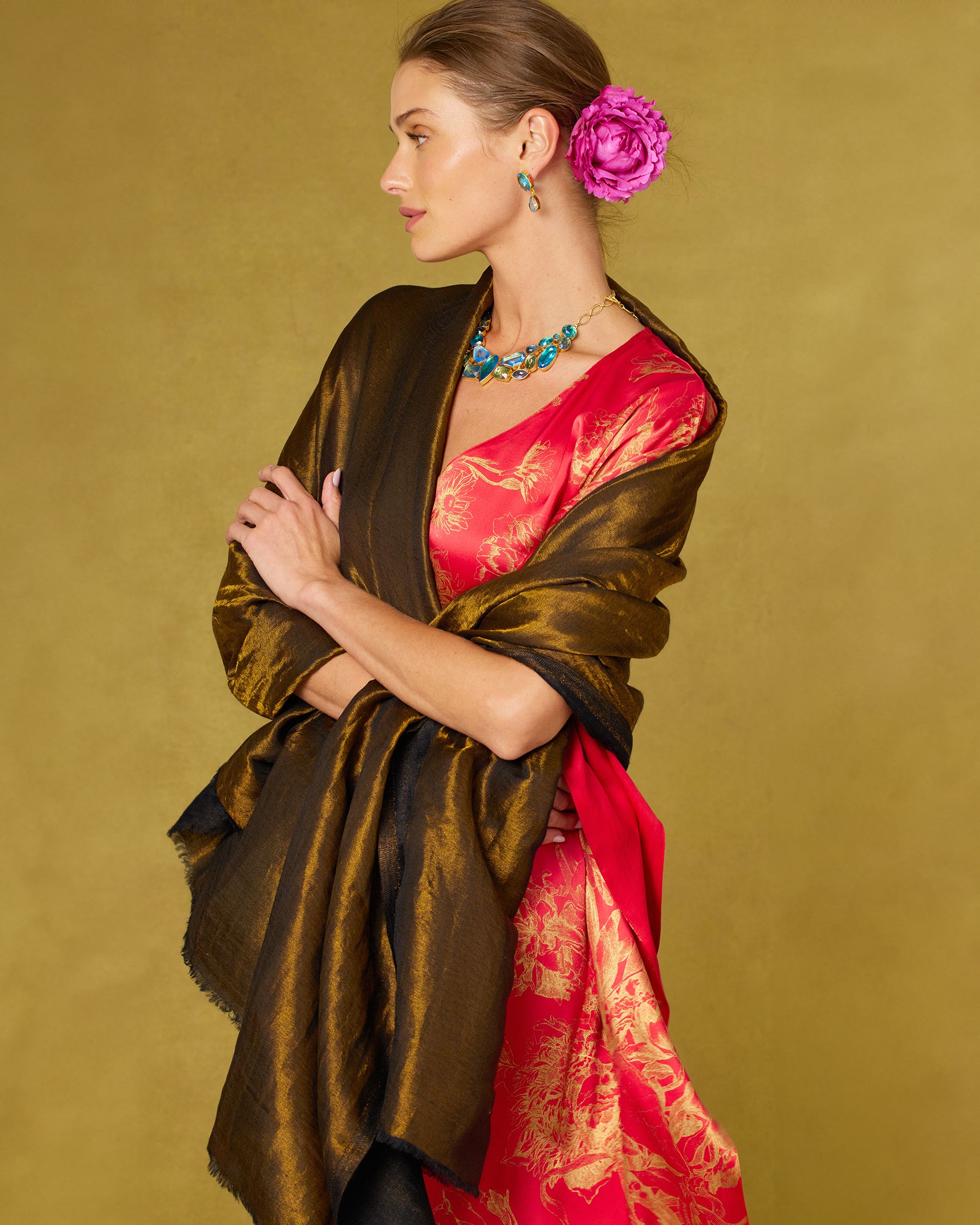 Chantal Red Silk Kaftan in Gold Floral Toile-and Josephine Pashmina Shawl in Black and Bronze draped over teh shoulders