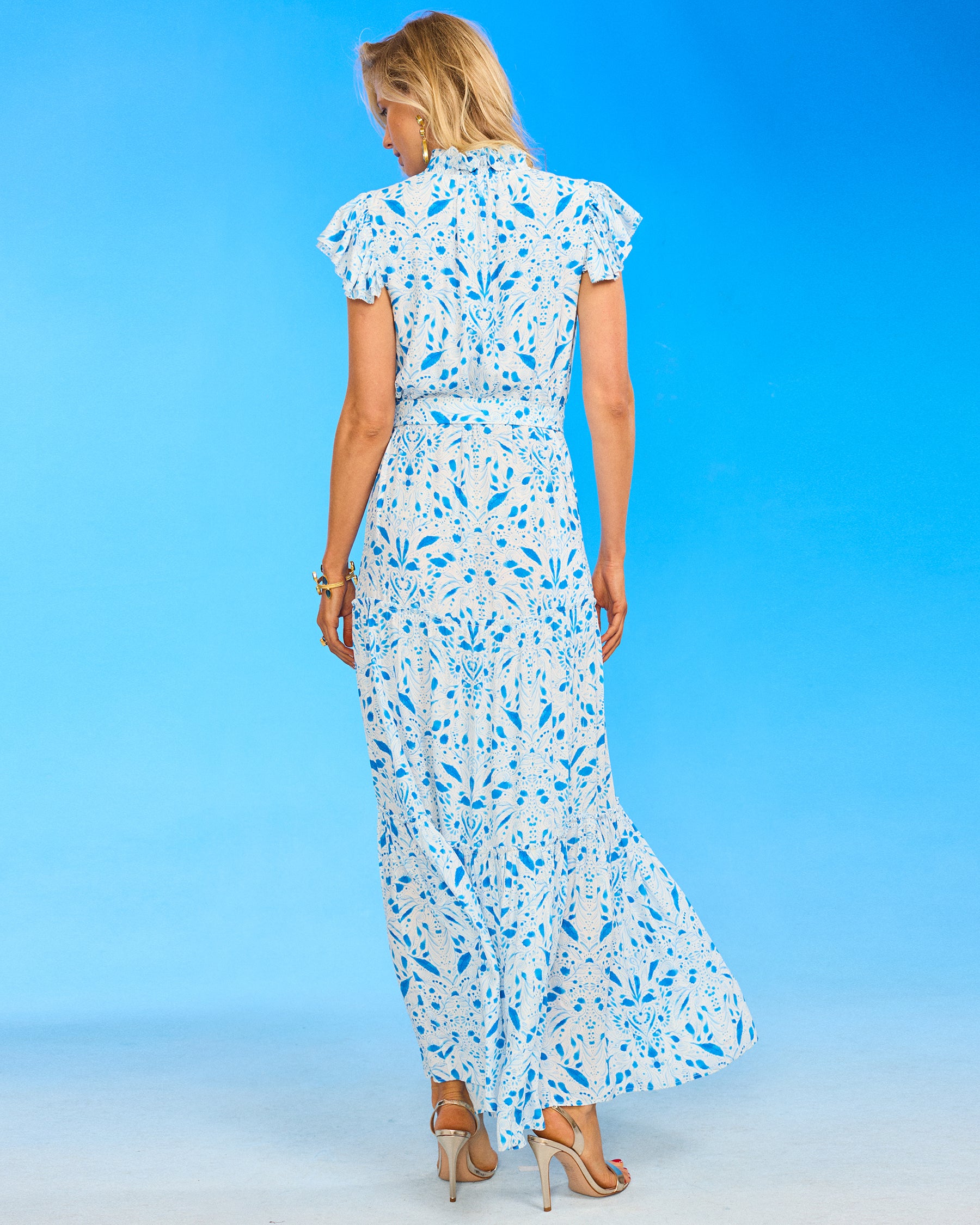 Charlotte Flutter Sleeve Maxi Dress in Calliope Print back view