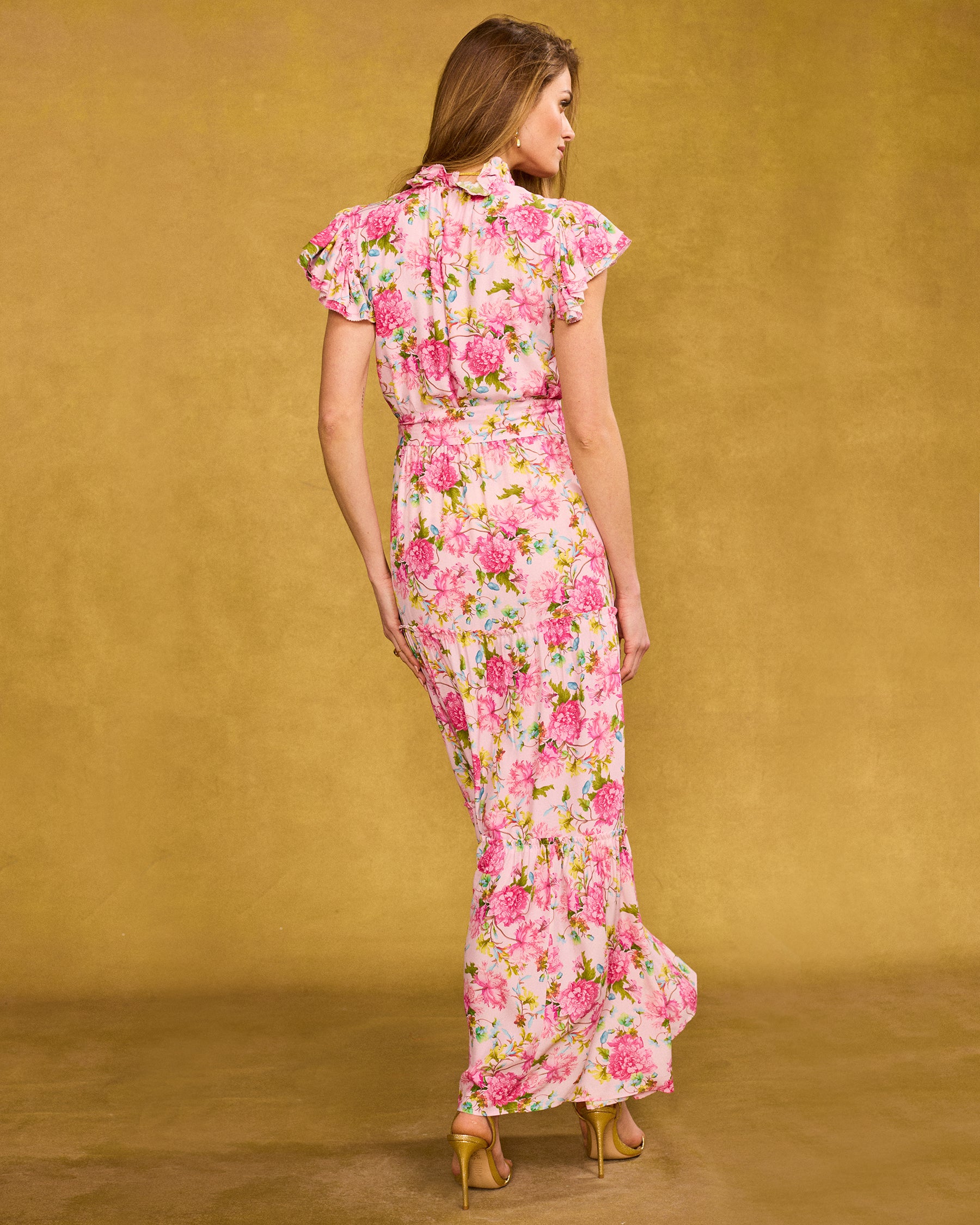 Charlotte Flutter Sleeve Maxi Dress in English Roses back view