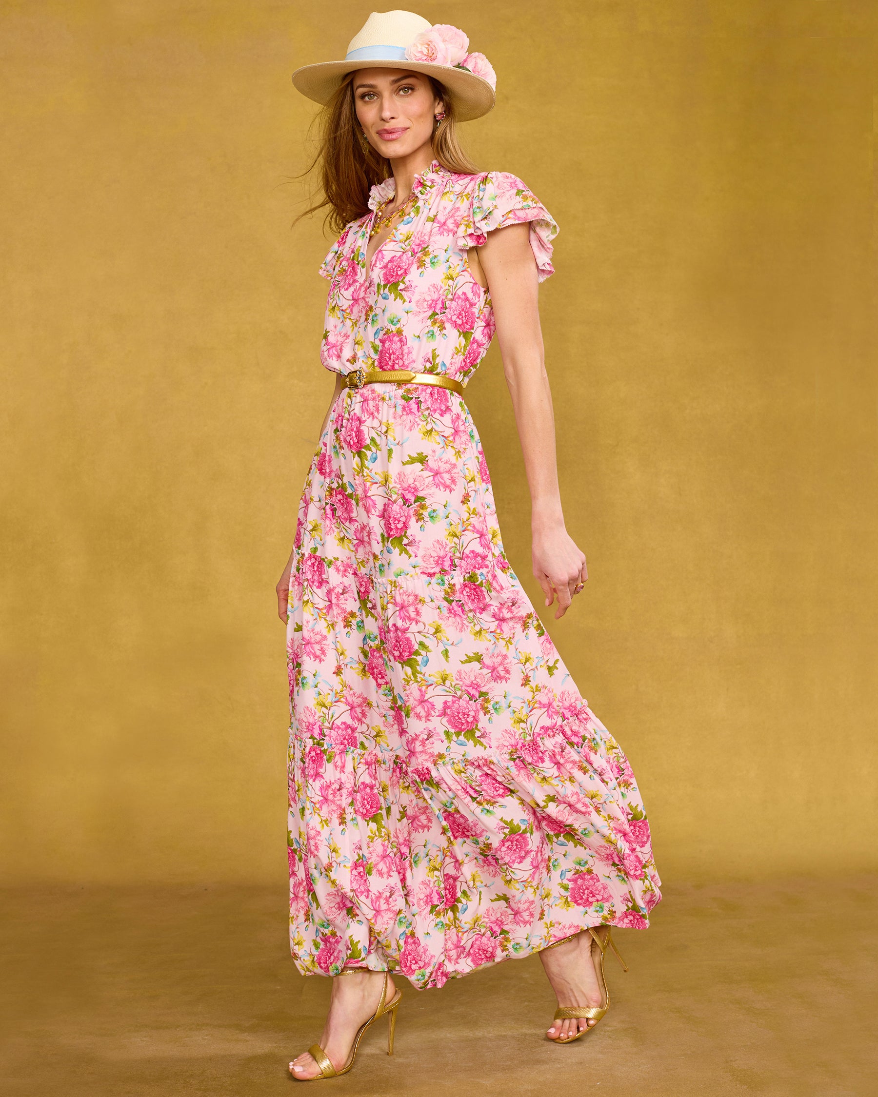 Charlotte Flutter Sleeve Maxi Dress in English Roses side walking view