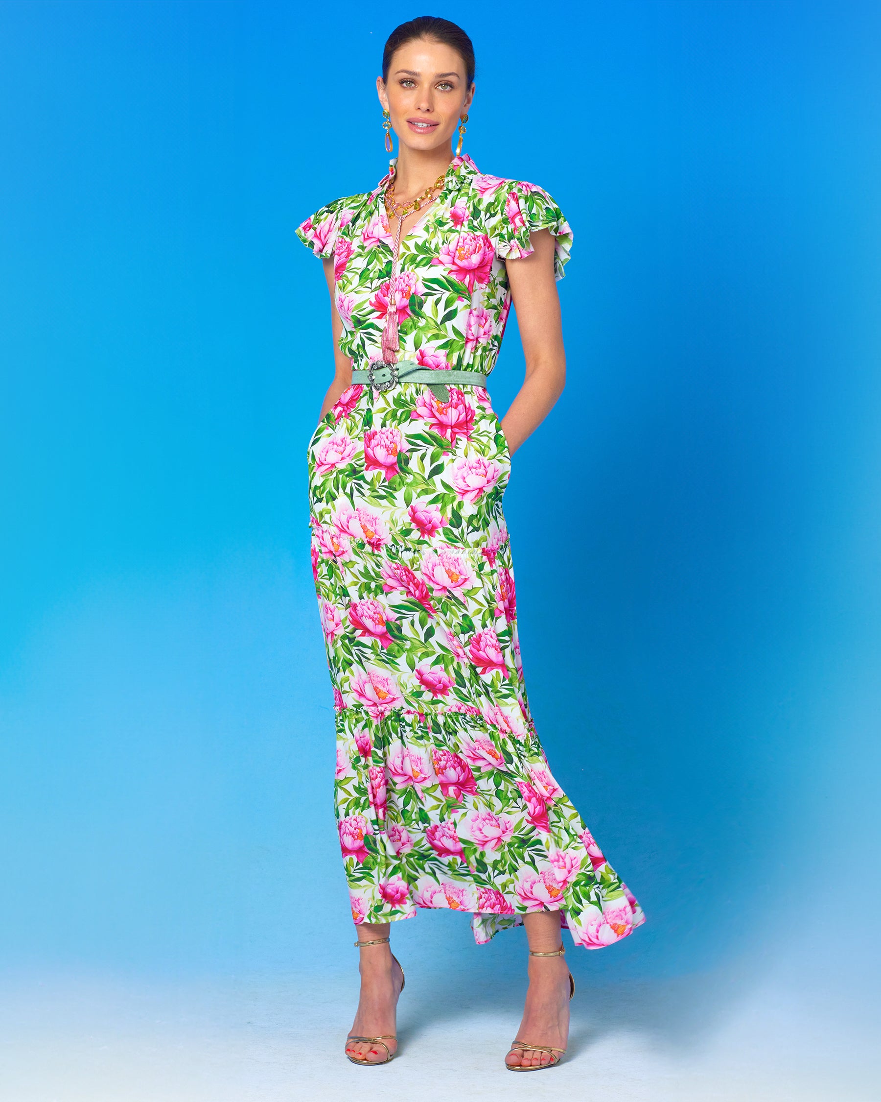 Charlotte Flutter Sleeve Maxi Dress in Peony Garden-Hands in pockets