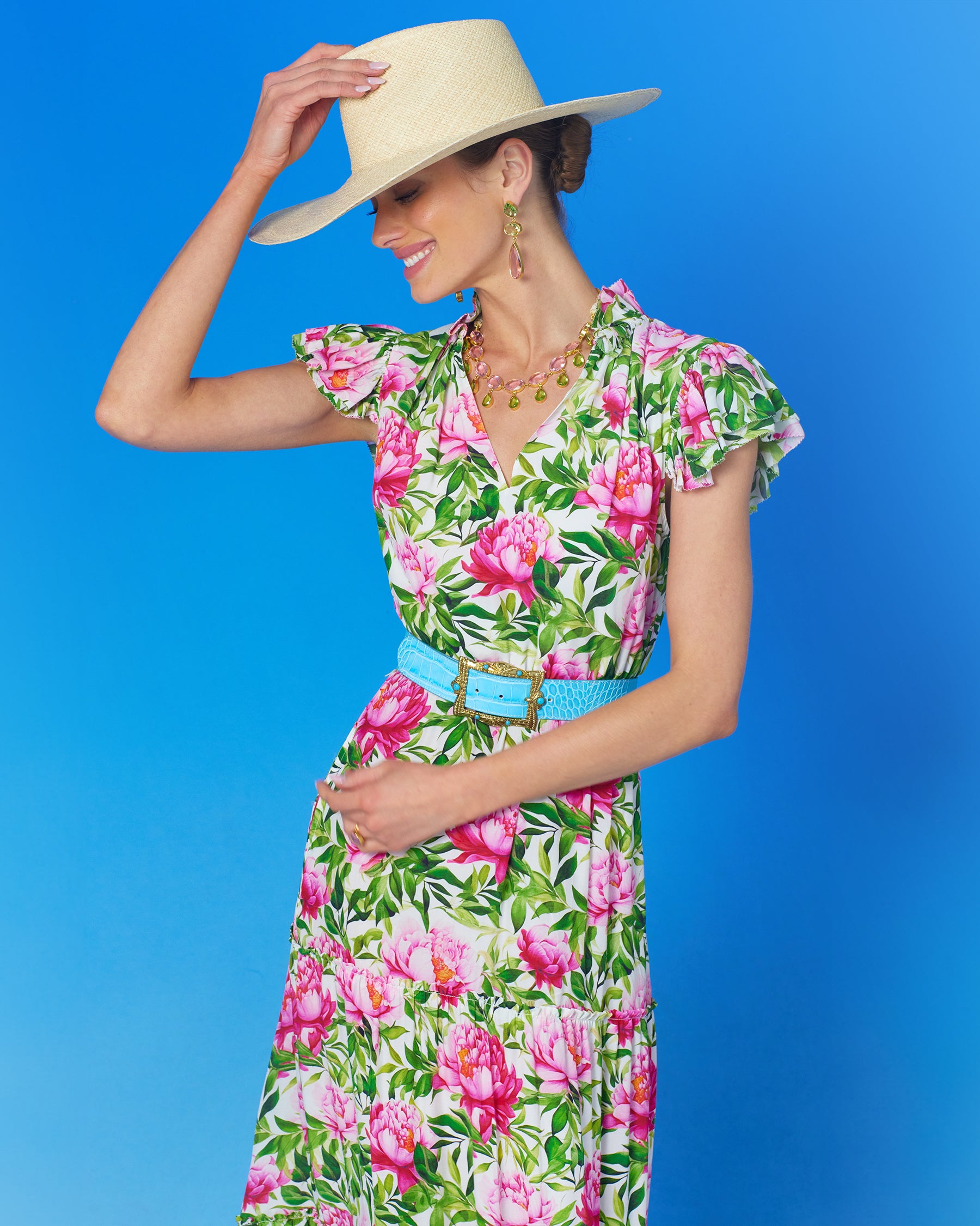 Charlotte Flutter Sleeve Maxi Dress in Peony Garden-portrait
