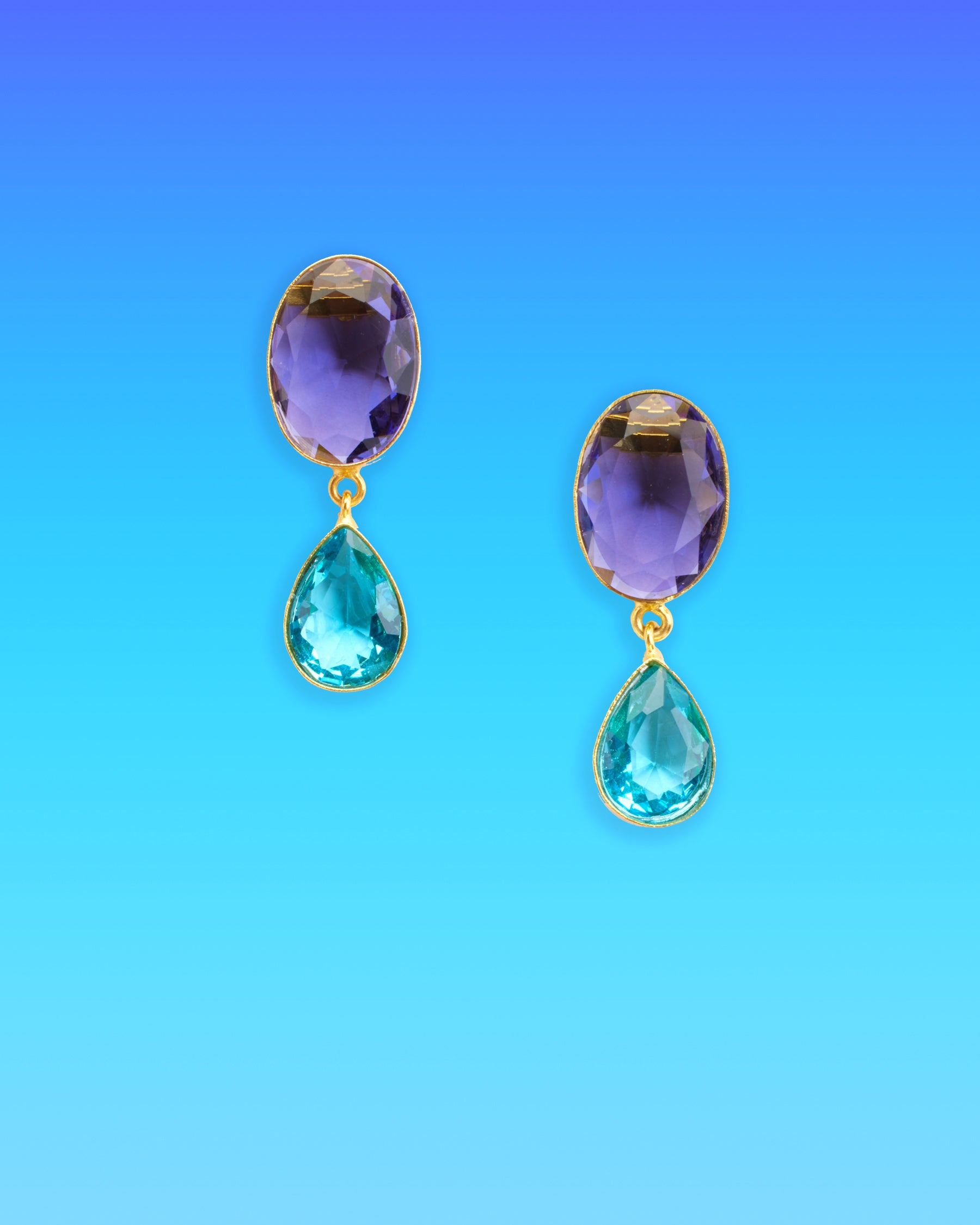 Chiara Dewdrop Earrings in Amethyst Purple and Crystal Blue