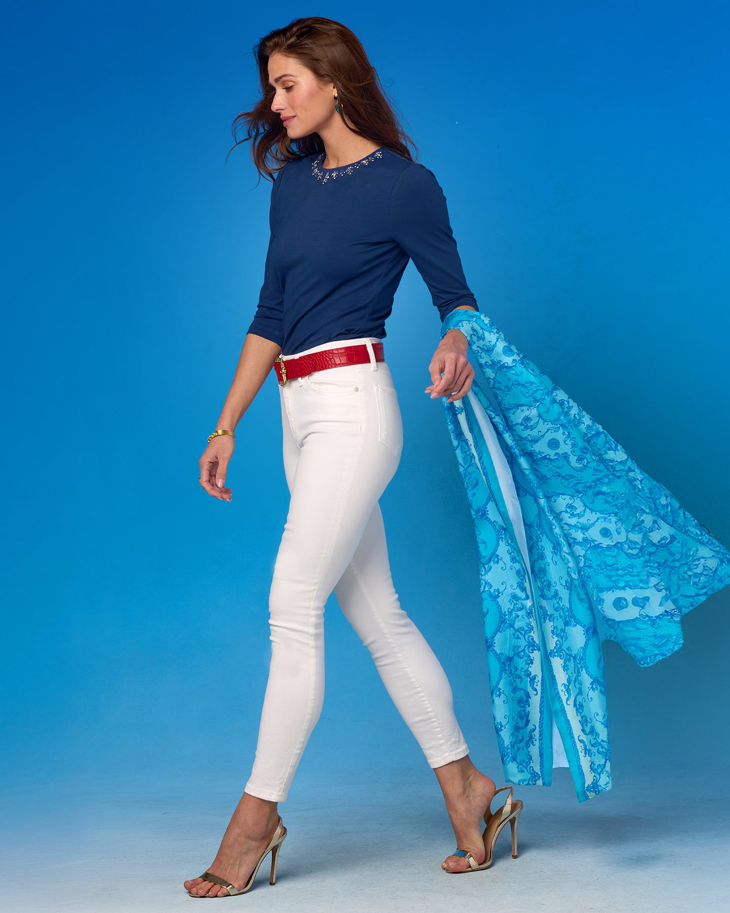 Circe 3/4 Length Sleeve Tee in Navy with Crystal Embellishment worn with the Katherine White Jeans